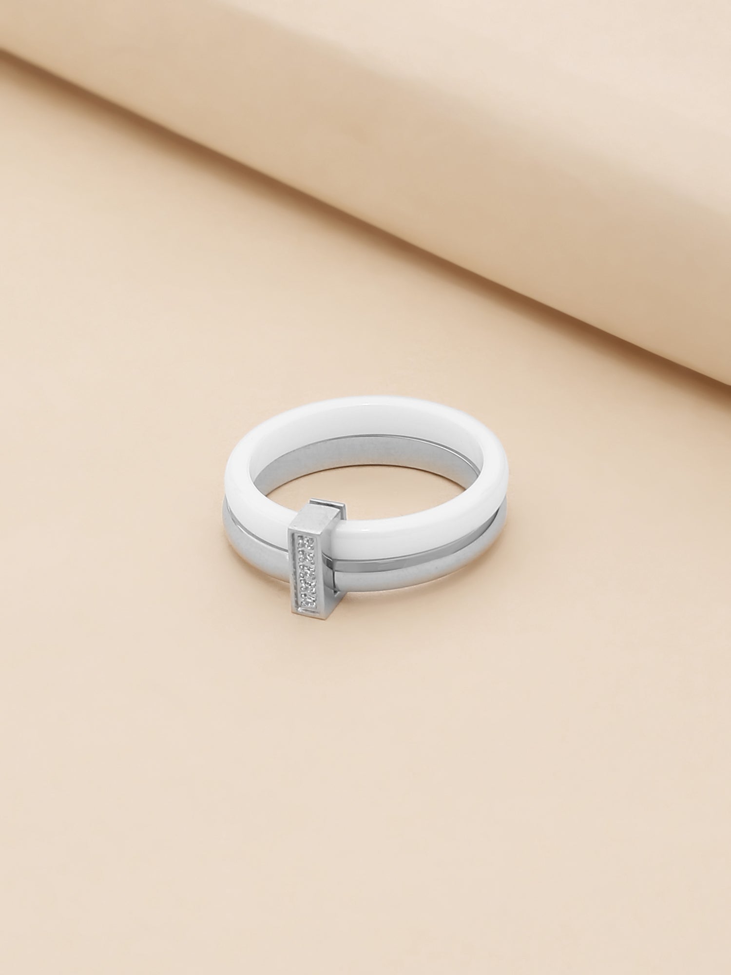 Enamel White & Silver Double Layered Stackable Ring with Cubic Zirconia
