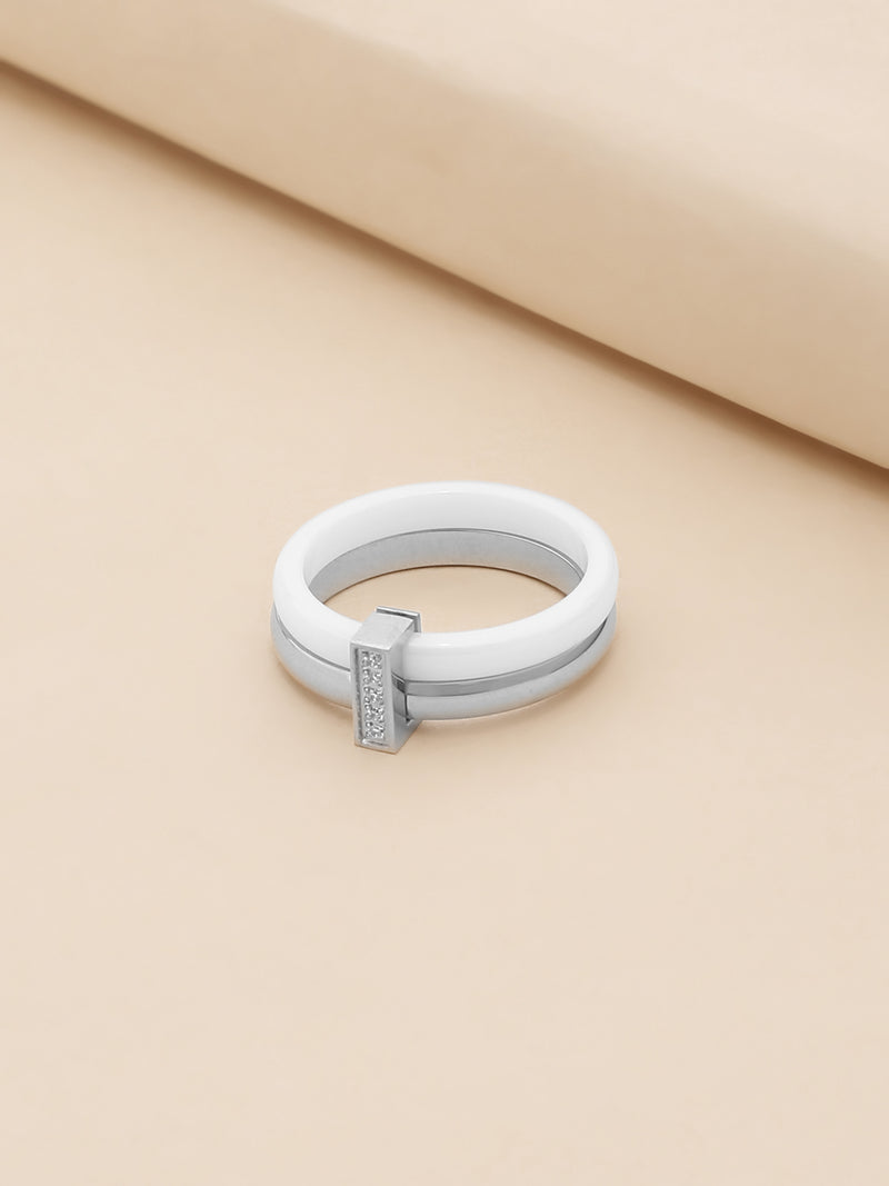 Enamel White & Silver Double Layered Stackable Ring with Cubic Zirconia