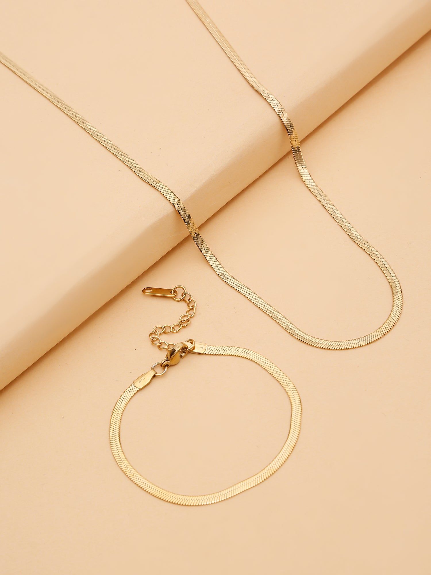 2-Piece 18K Gold Plated Flat Snake Chain Necklace and Bracelet Set for Women
