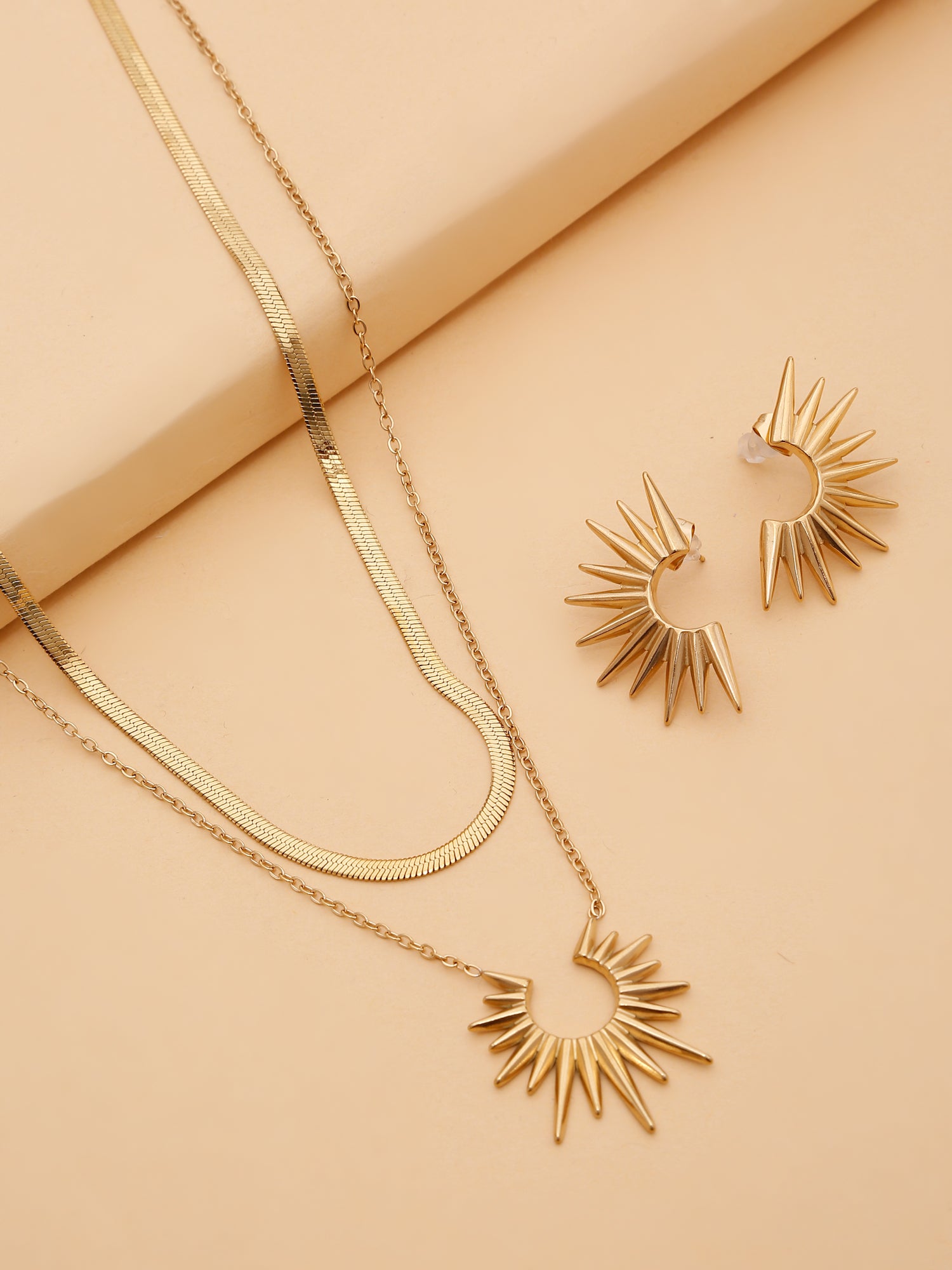 3pcs/Set 18k Gold Plated Stainless Steel Sunset Pendant Necklace + Earrings Jewelry Set for Women
