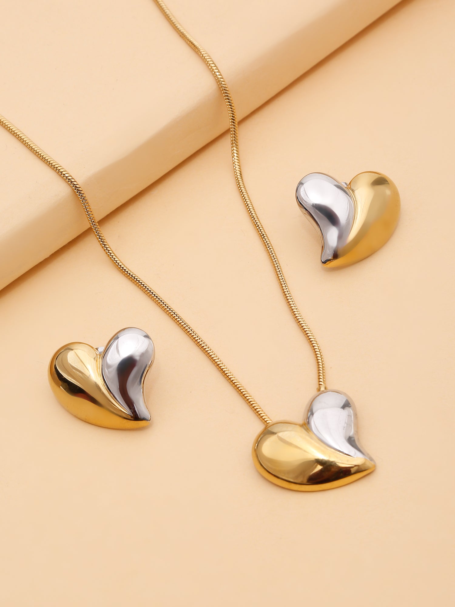 3-Piece Bi-Color Heart Pendant Necklace & Earrings Set for Women