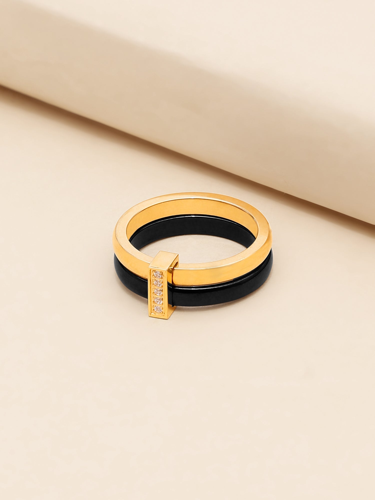 Enamel Black & Gold Double Layered Stackable Ring with Cubic Zirconia