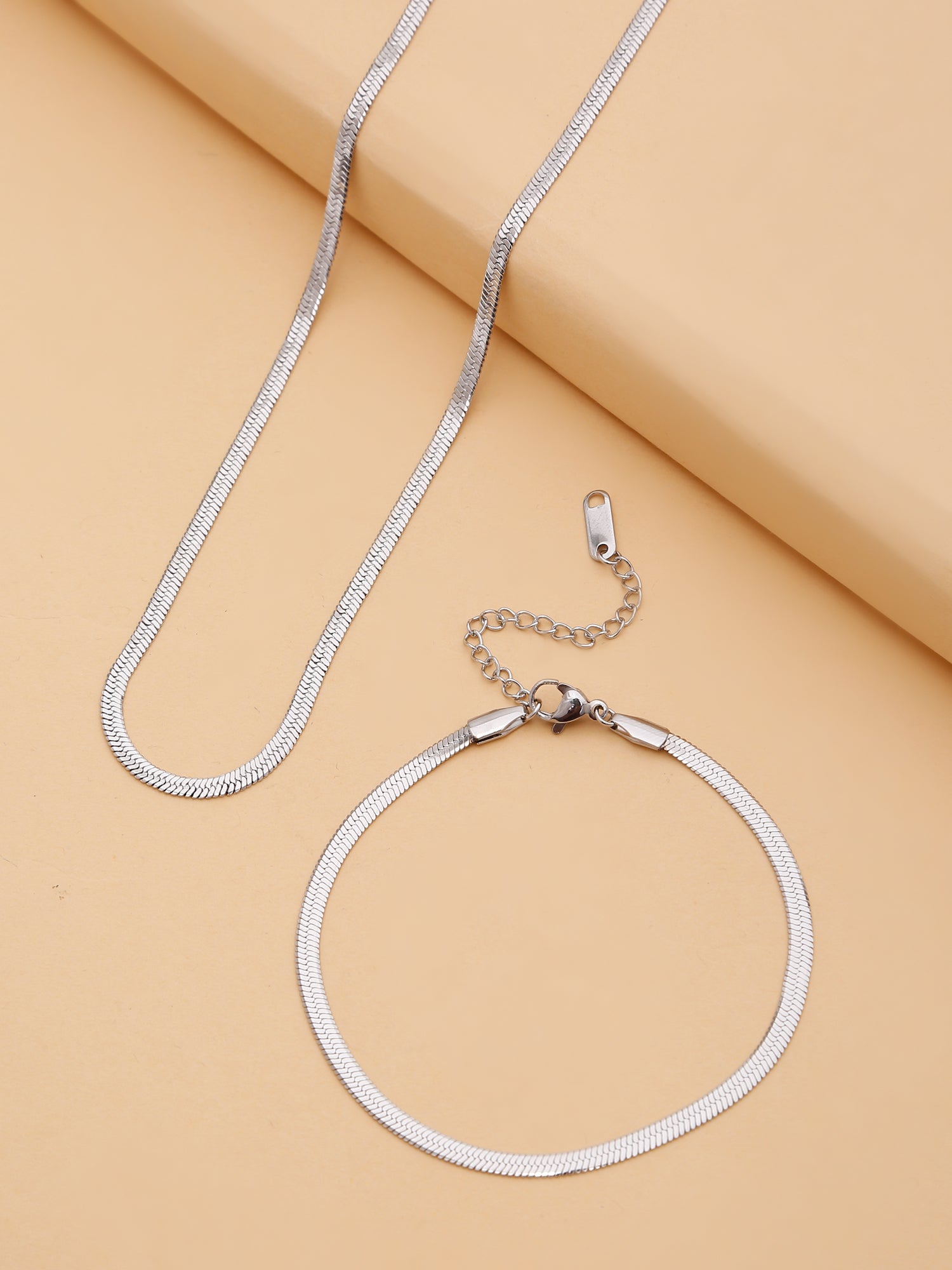 2-Piece 18K Gold Plated Flat Snake Chain Necklace and Bracelet Set for Women