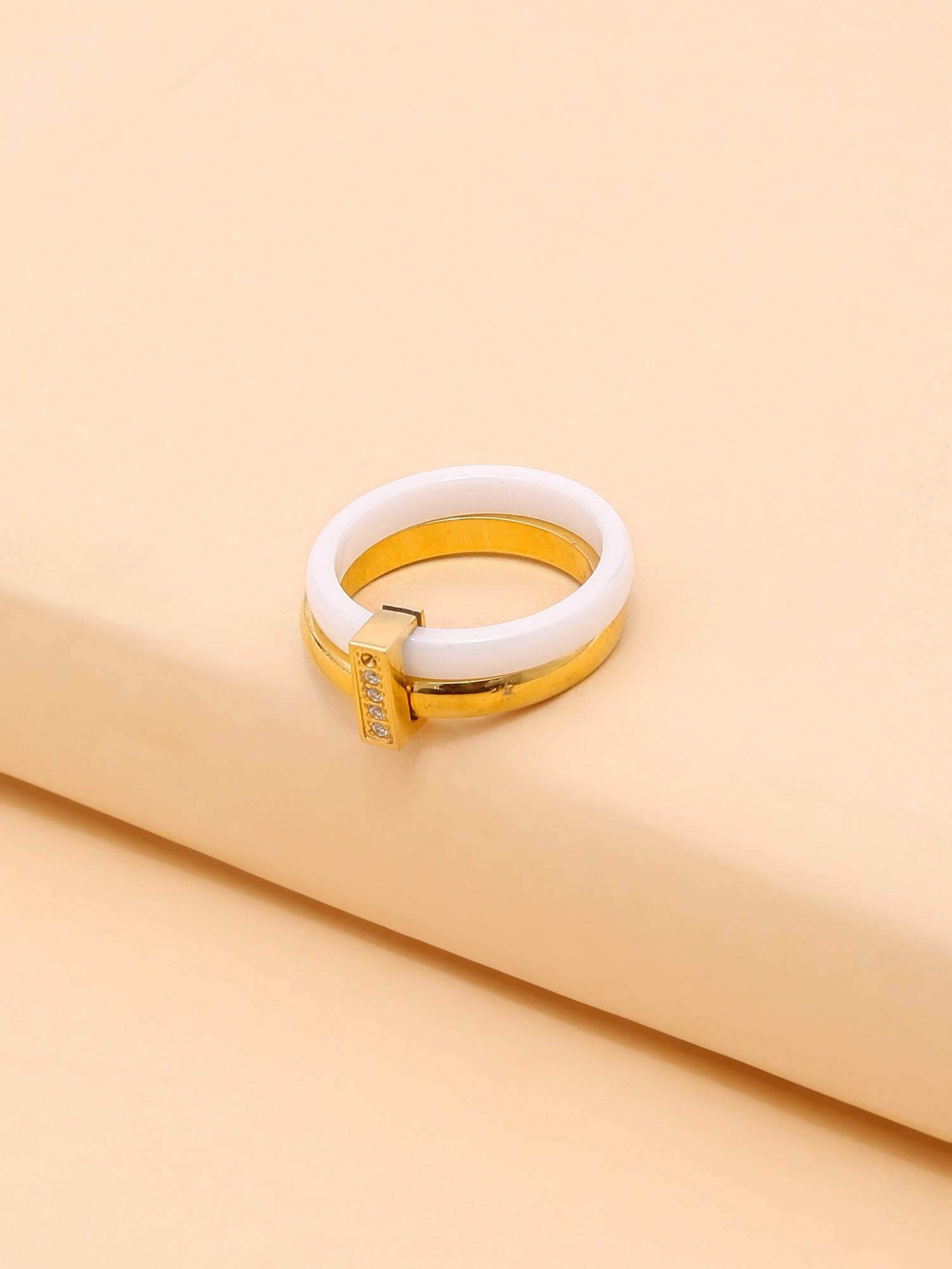 1pc 18k Gold Plated Stainless Steel Ceramic Cubic Zirconia Stackable Ring for Women
