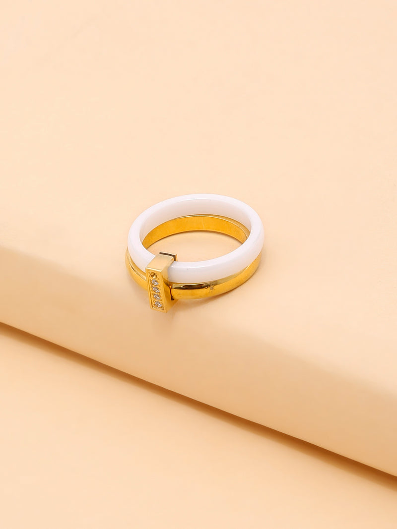 Enamel White & 18k Gold Plated Double Layered Stackable Ring with Cubic Zirconia