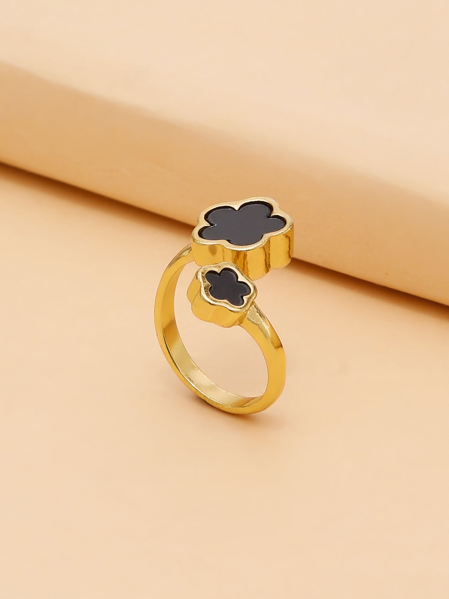 Midnight Bloom: Adjustable Black Enamel Flower Ring in 18K Gold Plating