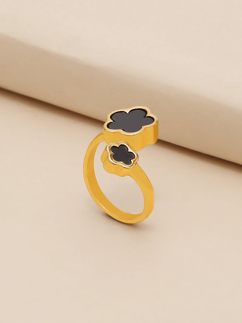 5 Leaf Clover Adjustable Ring – Black Enamel Statement Jewellery