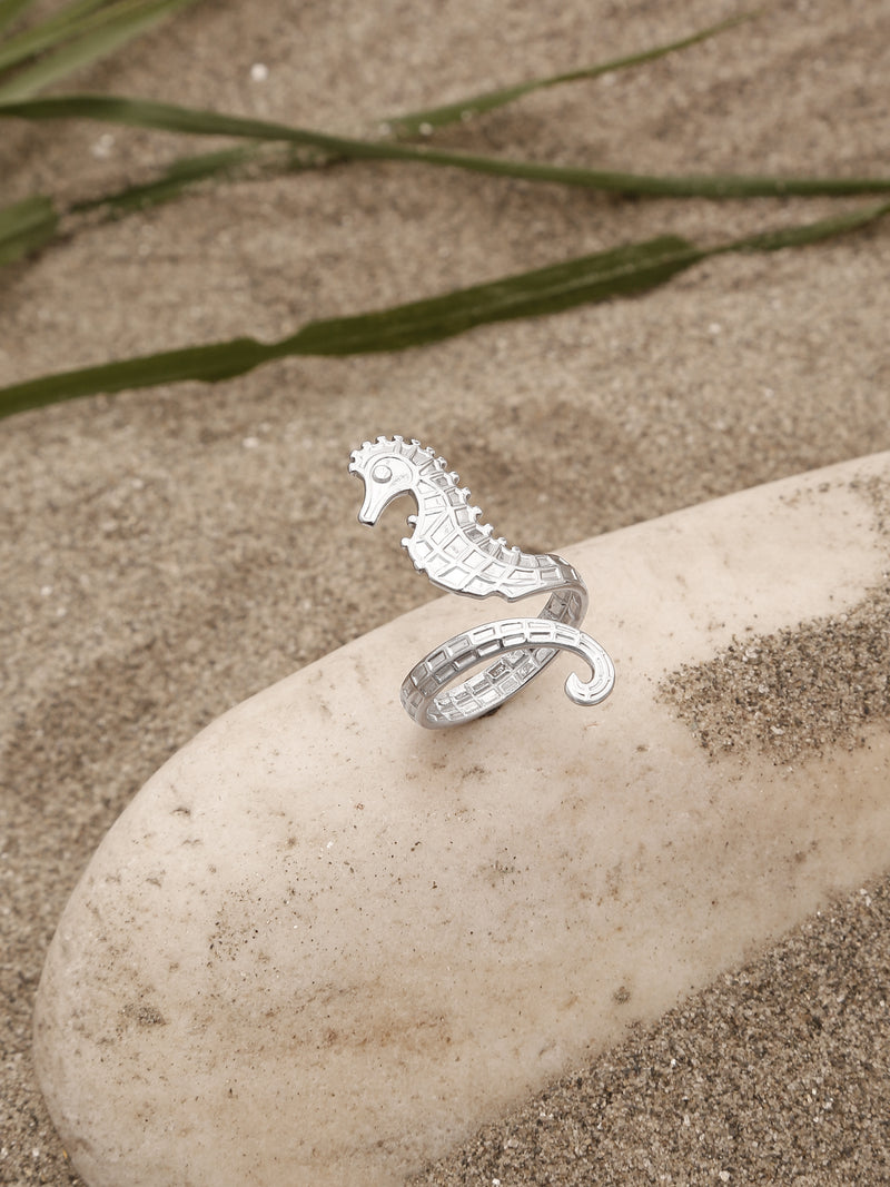 Silver Seahorse Adjustable Open Ring