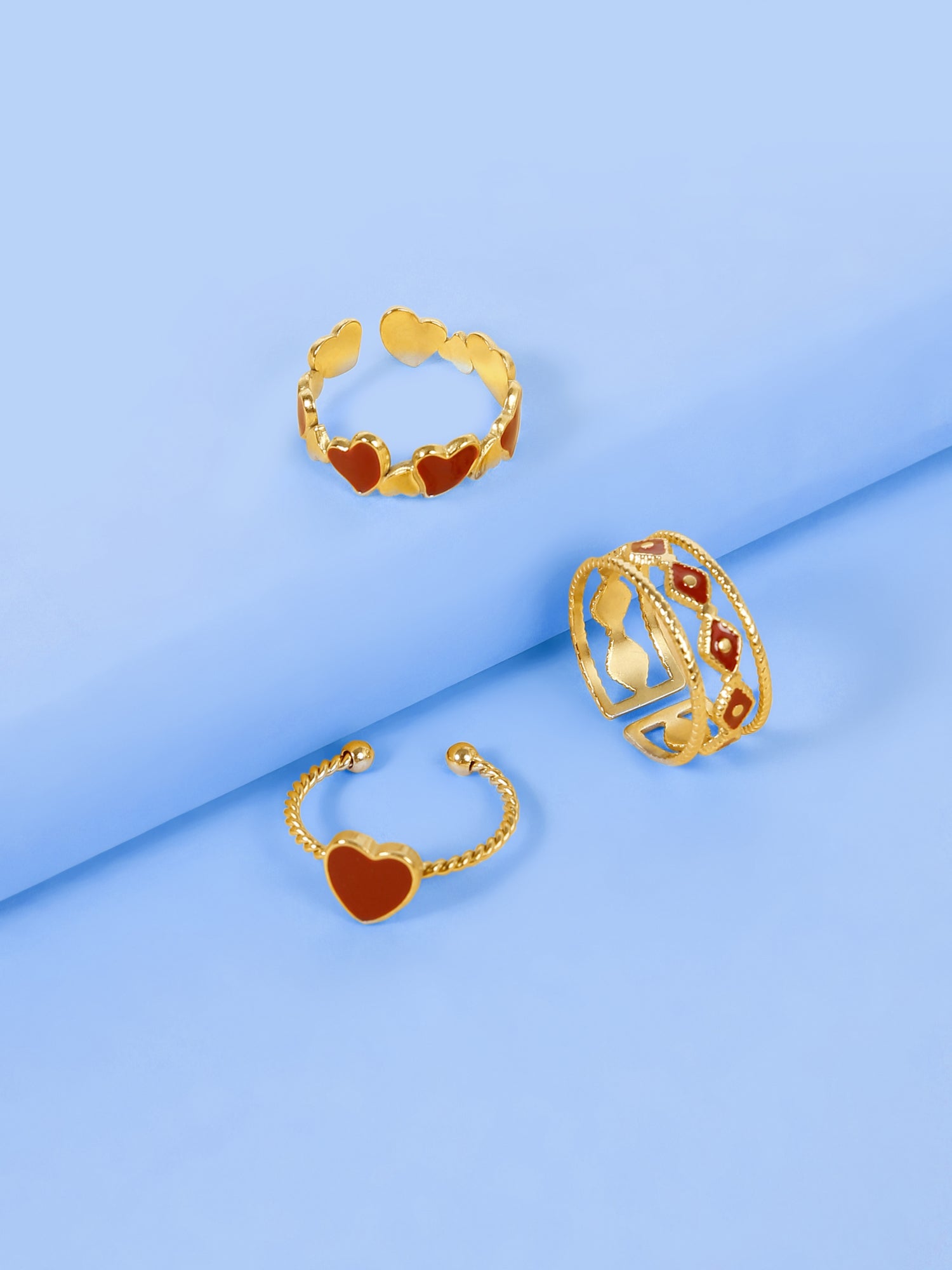 3 Pcs Adjustable Red Enamel Heart Ring Set