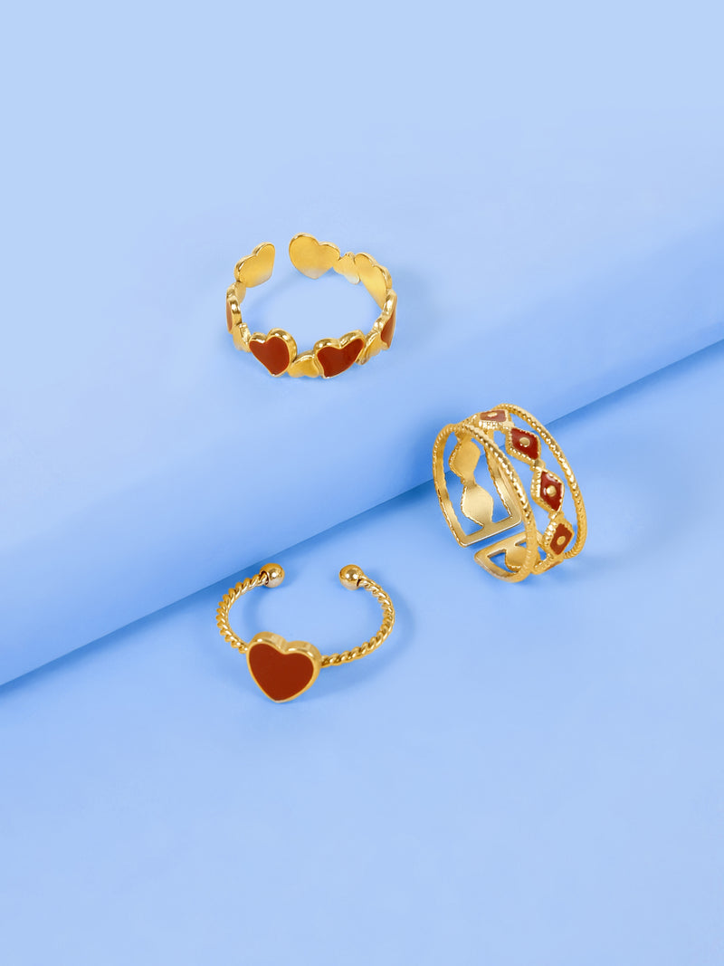 3 Pcs Adjustable Red Enamel Heart Ring Set