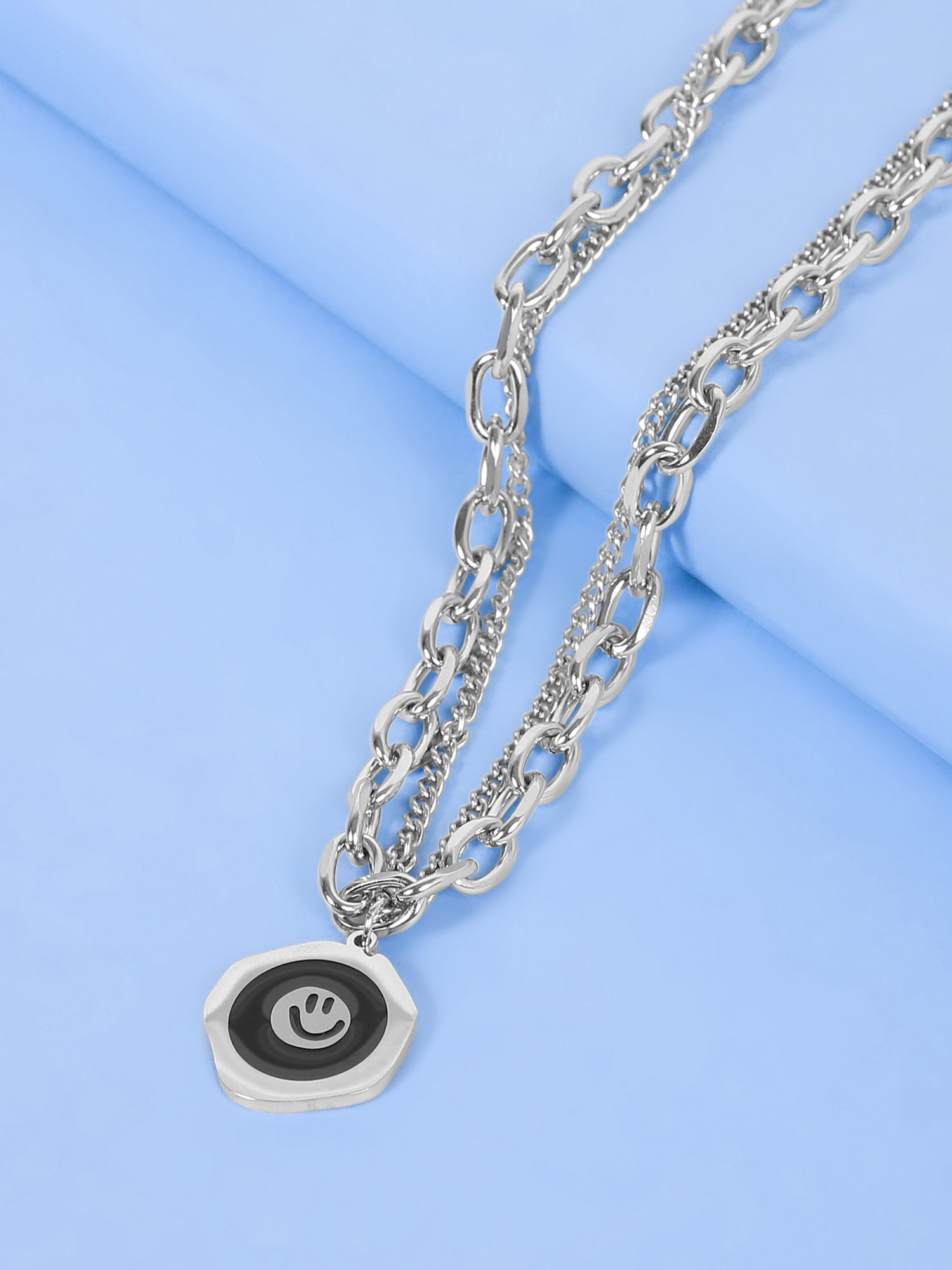 Silver Smiley Face Pendant Necklace – Layered Dual Tone