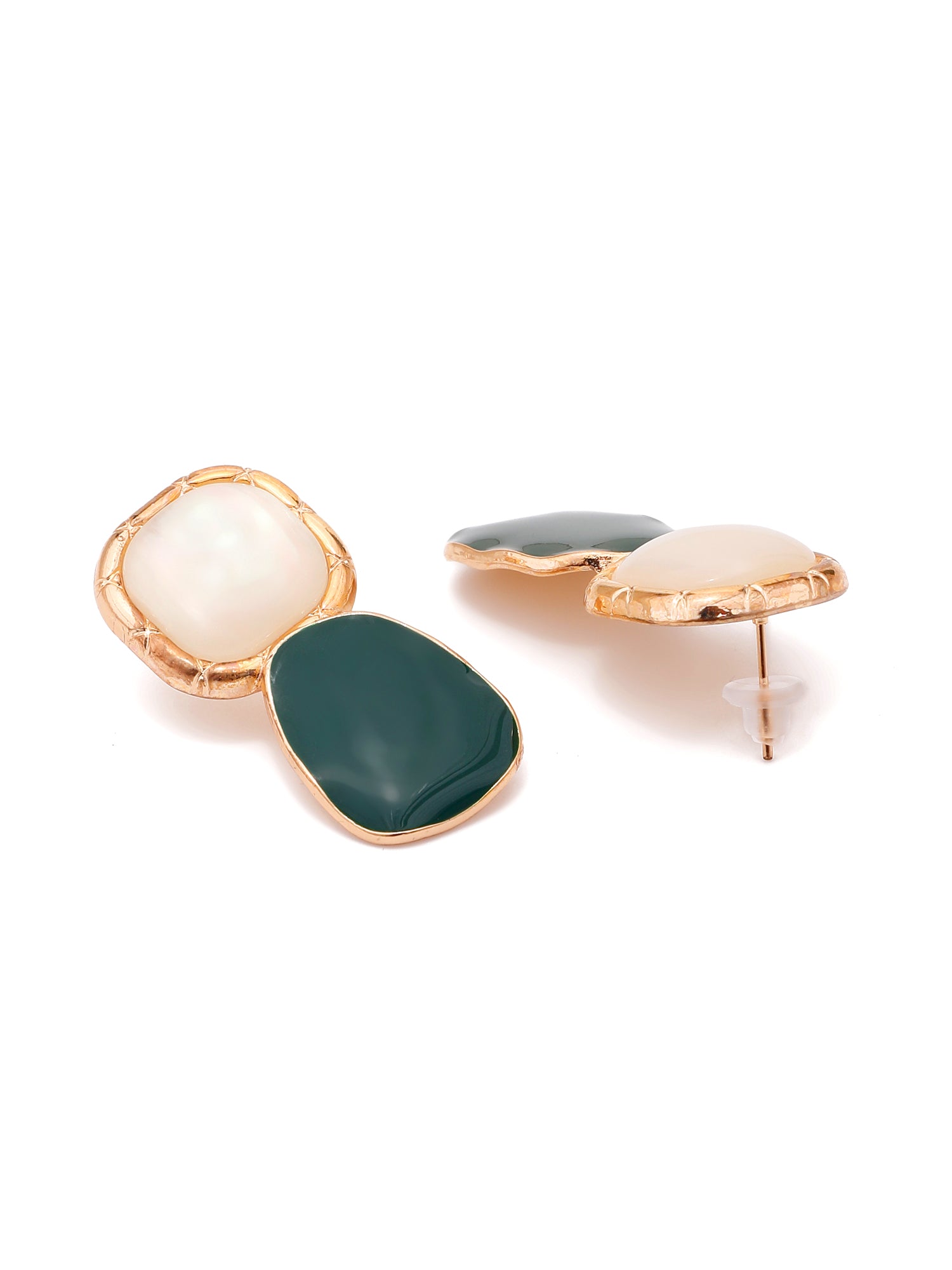1 Pair Asymmetrical Gold-Plated Black Stone & Pearl Stud Earrings – Retro Chic Classic