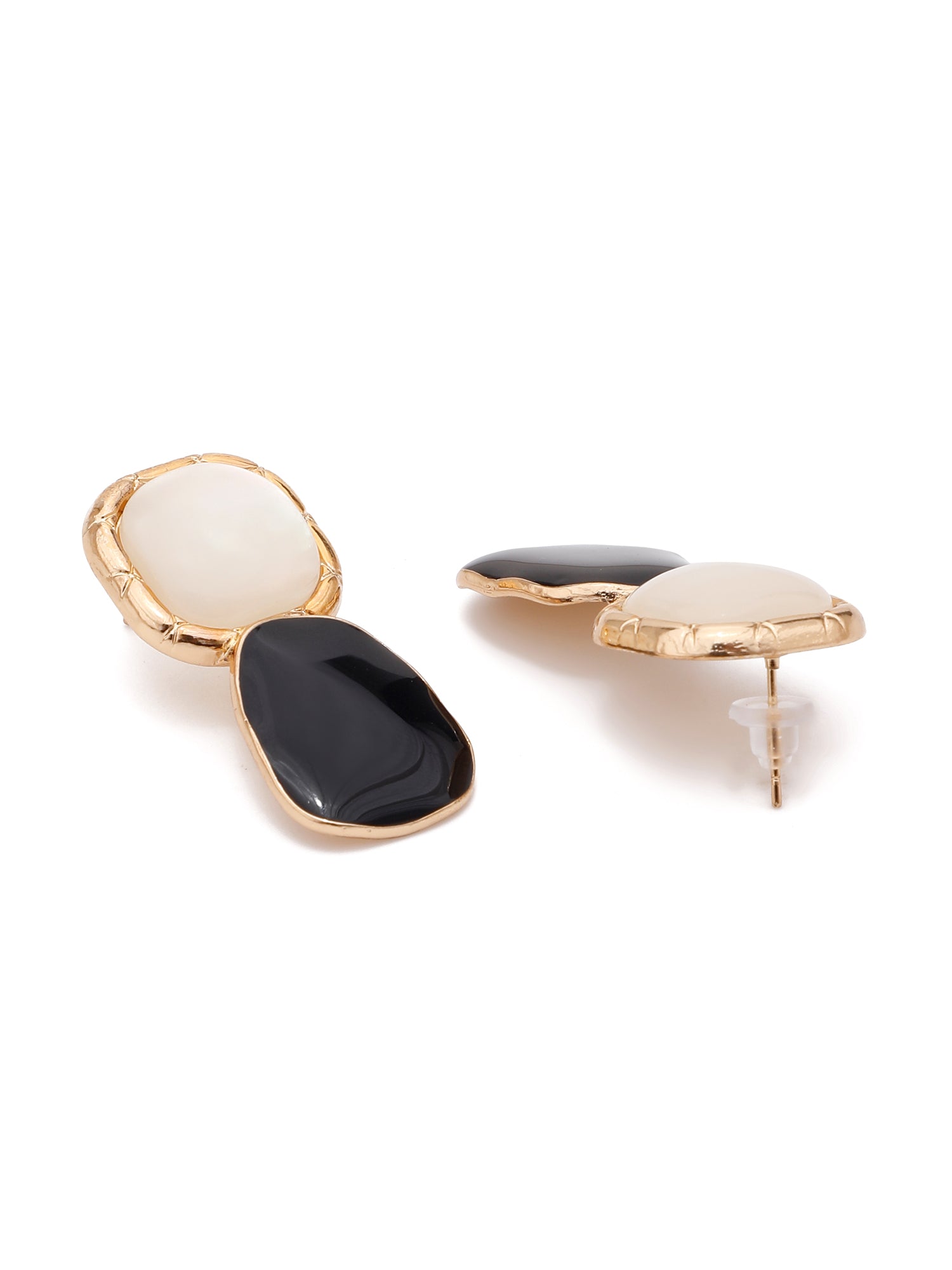 1 Pair Asymmetrical Gold-Plated Black Stone & Pearl Stud Earrings – Retro Chic Classic