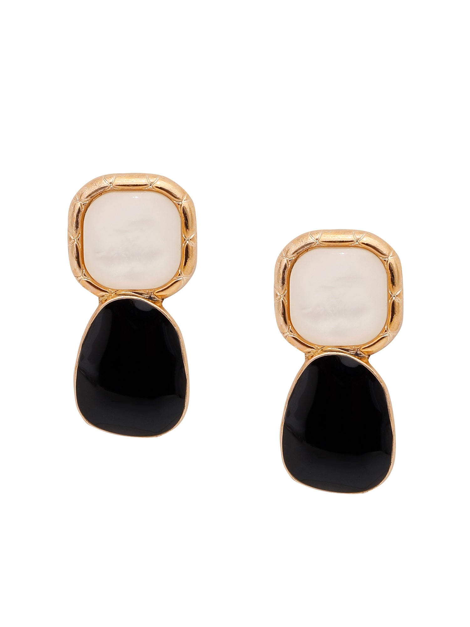 1 Pair Asymmetrical Gold-Plated Black Stone & Pearl Stud Earrings – Retro Chic Classic