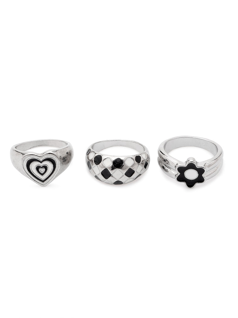 3 Pcs Checkered Black Adjustable Ring Set – Heart, Dome & Flower