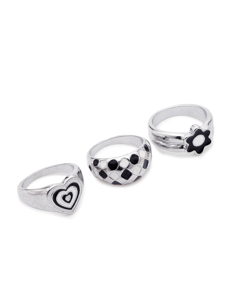 3 Pcs Checkered Black Adjustable Ring Set – Heart, Dome & Flower