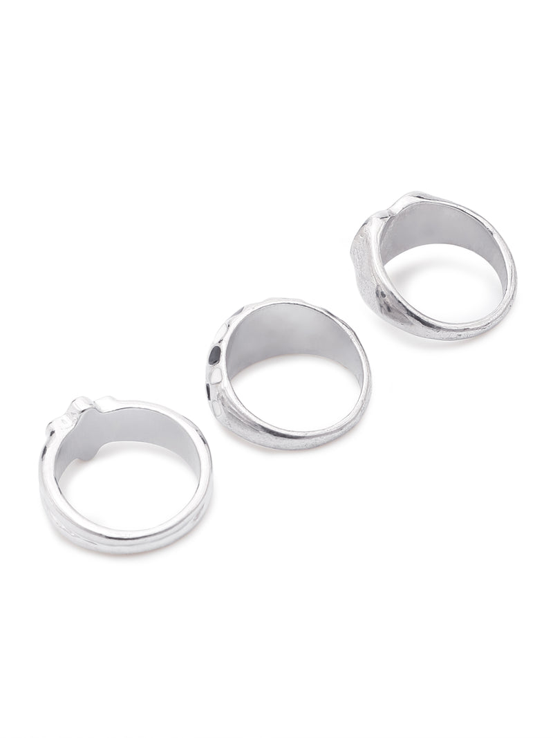 3 Pcs Checkered Black Adjustable Ring Set – Heart, Dome & Flower