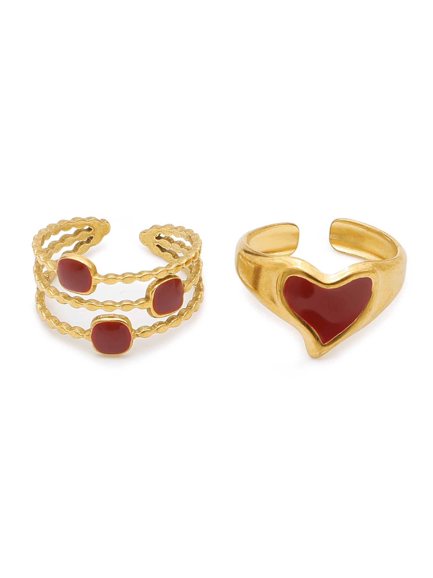 2 Pcs Adjustable Red Enamel Heart Ring Set