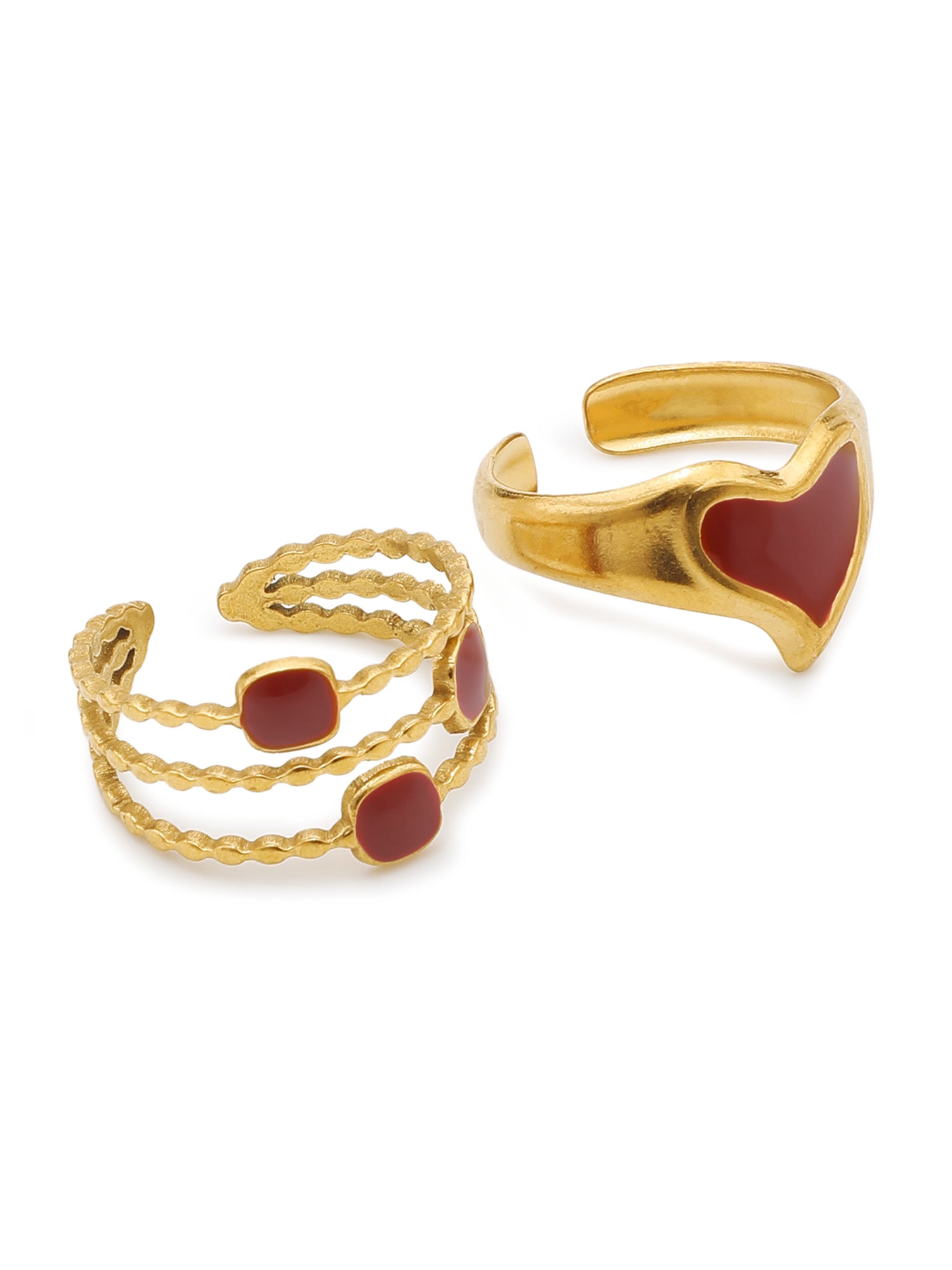 2 Pcs Adjustable Red Enamel Heart Ring Set