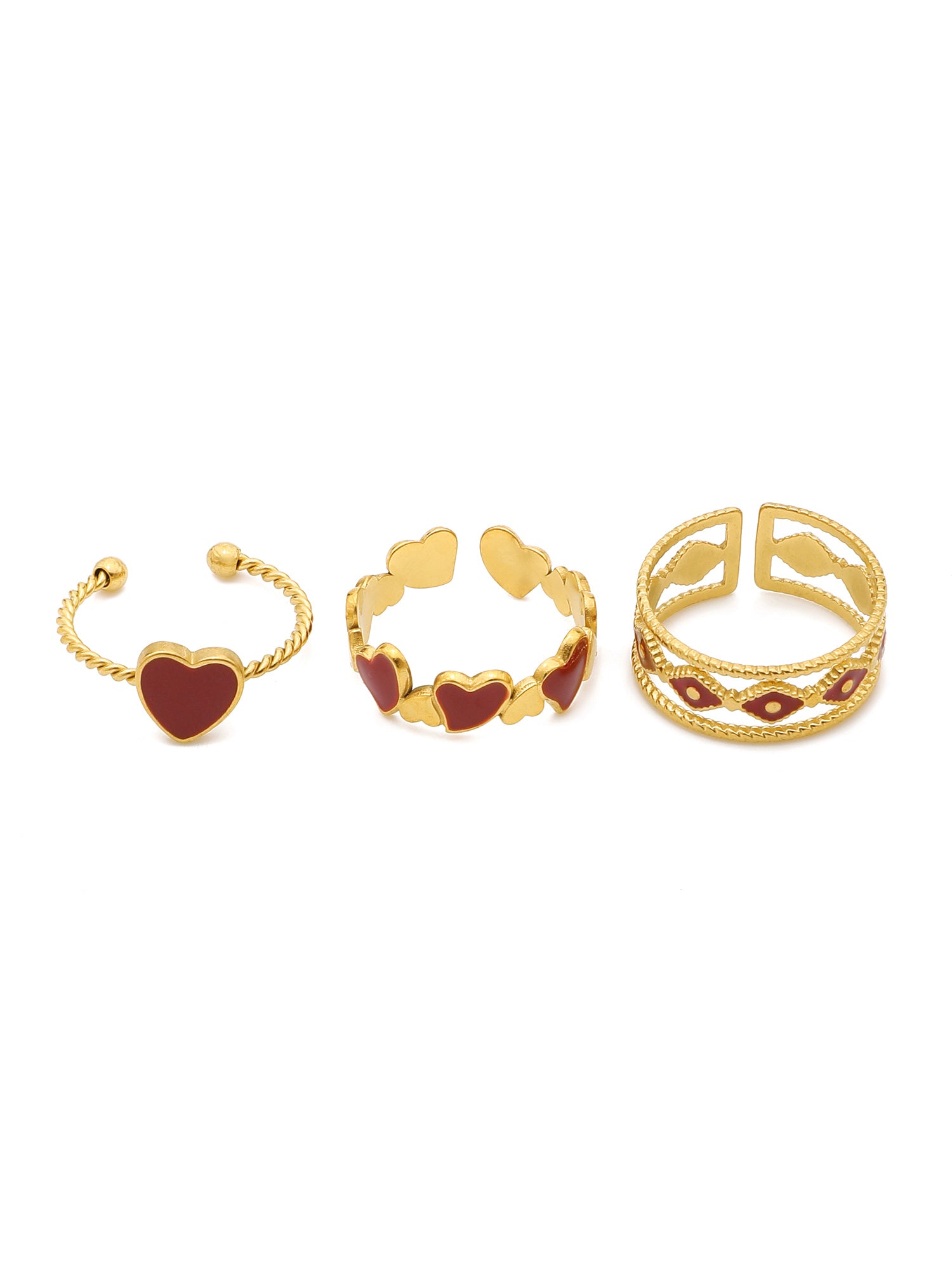 3 Pcs Adjustable Red Enamel Heart Ring Set