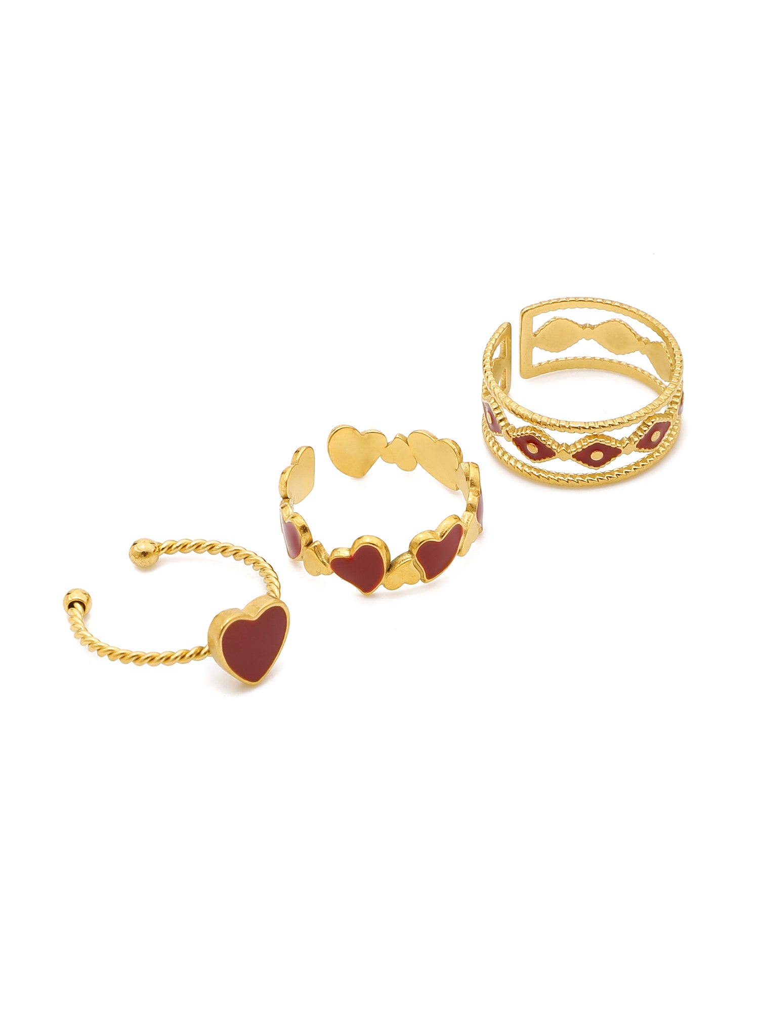 3 Pcs Adjustable Red Enamel Heart Ring Set
