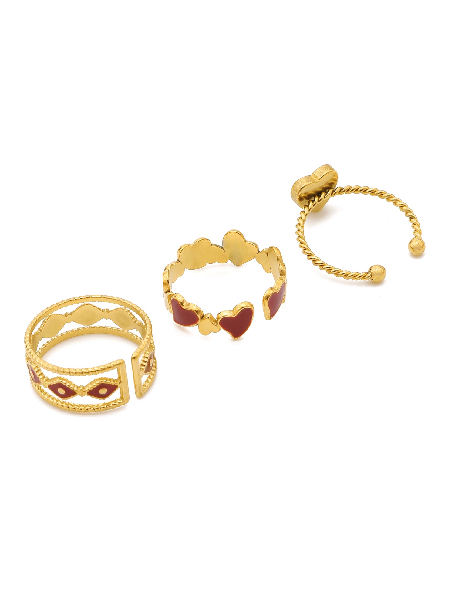 3 Pcs Adjustable Red Enamel Heart Ring Set
