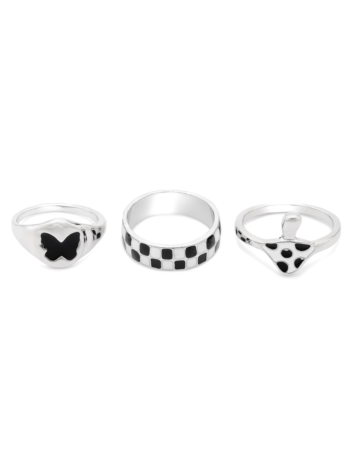 3 Pcs Checkered Black Adjustable Ring Set – Mushroom, Dome & Butterfly