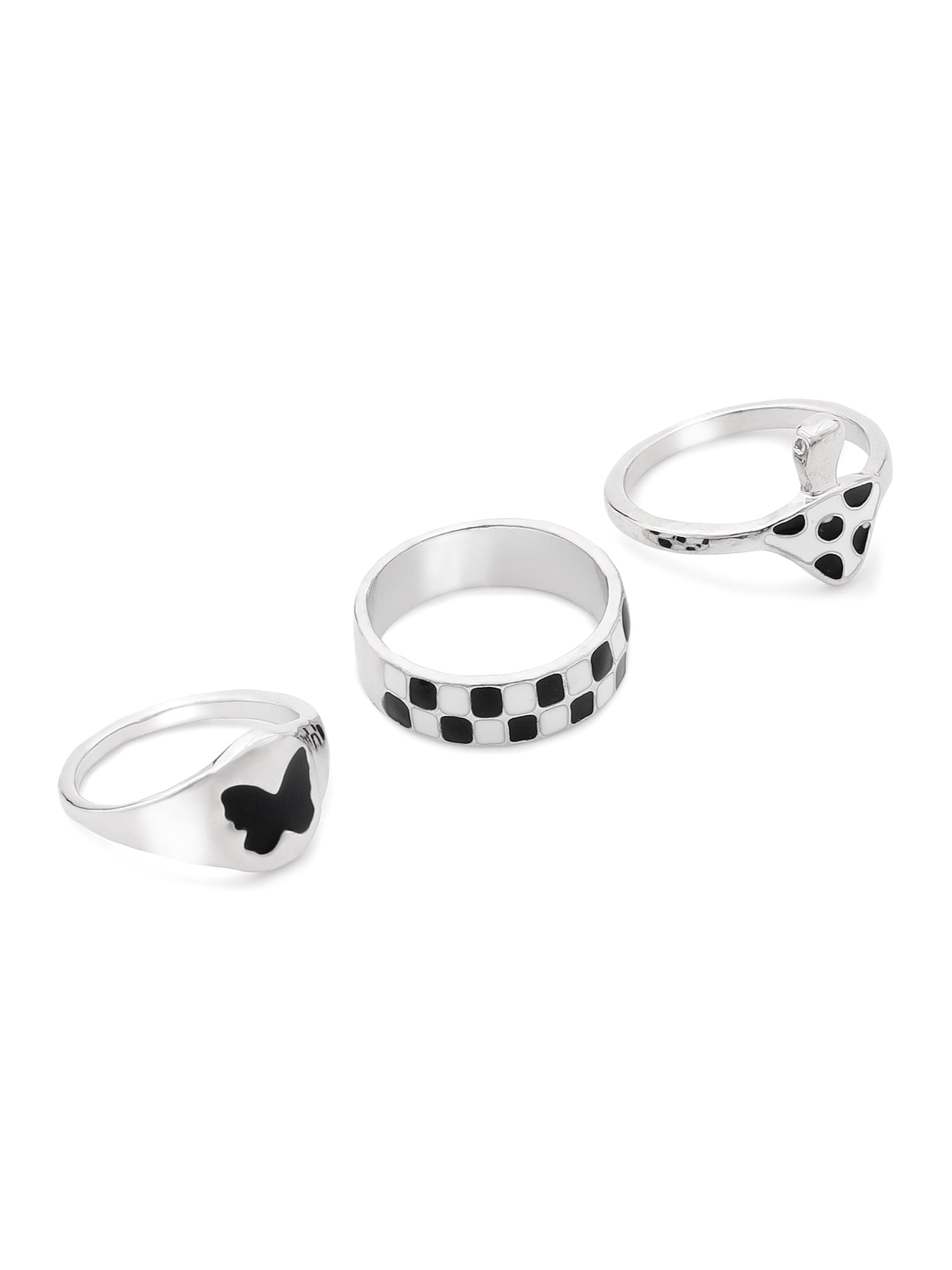 3 Pcs Checkered Black Adjustable Ring Set – Mushroom, Dome & Butterfly