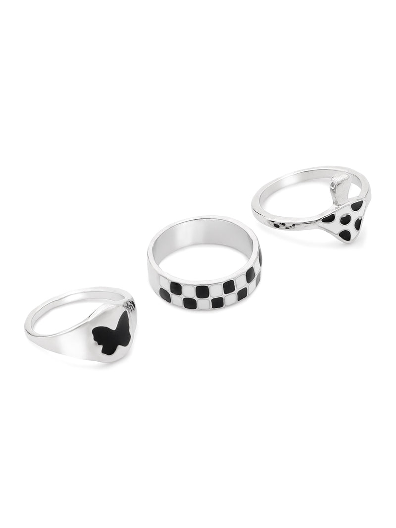 3 Pcs Checkered Black Adjustable Ring Set – Mushroom, Dome & Butterfly