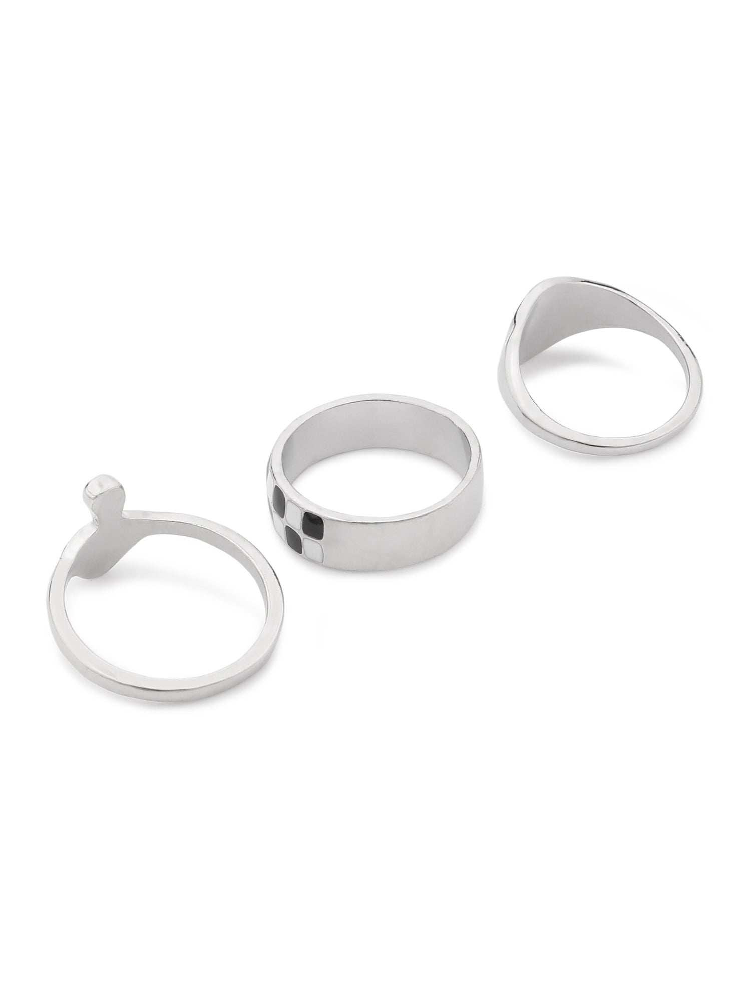 3 Pcs Checkered Black Adjustable Ring Set – Mushroom, Dome & Butterfly