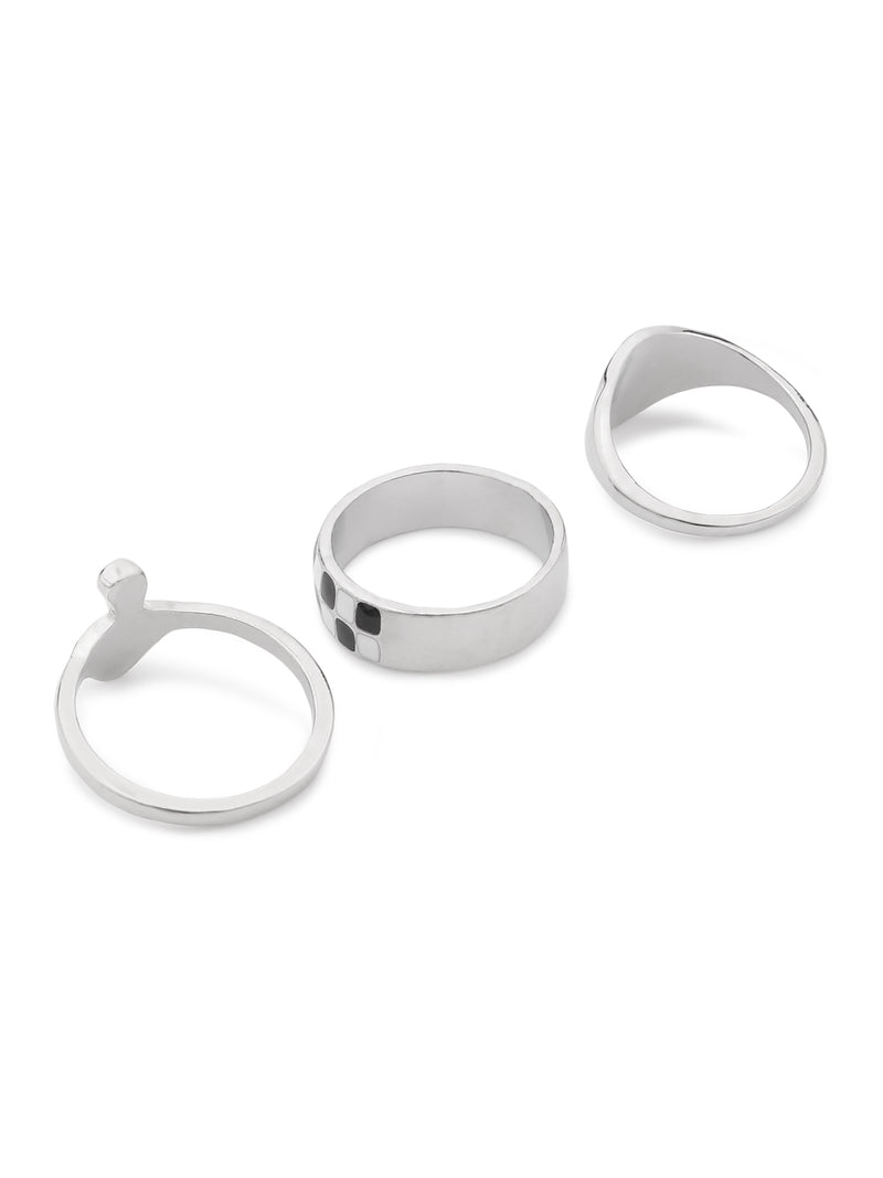 3 Pcs Checkered Black Adjustable Ring Set – Mushroom, Dome & Butterfly