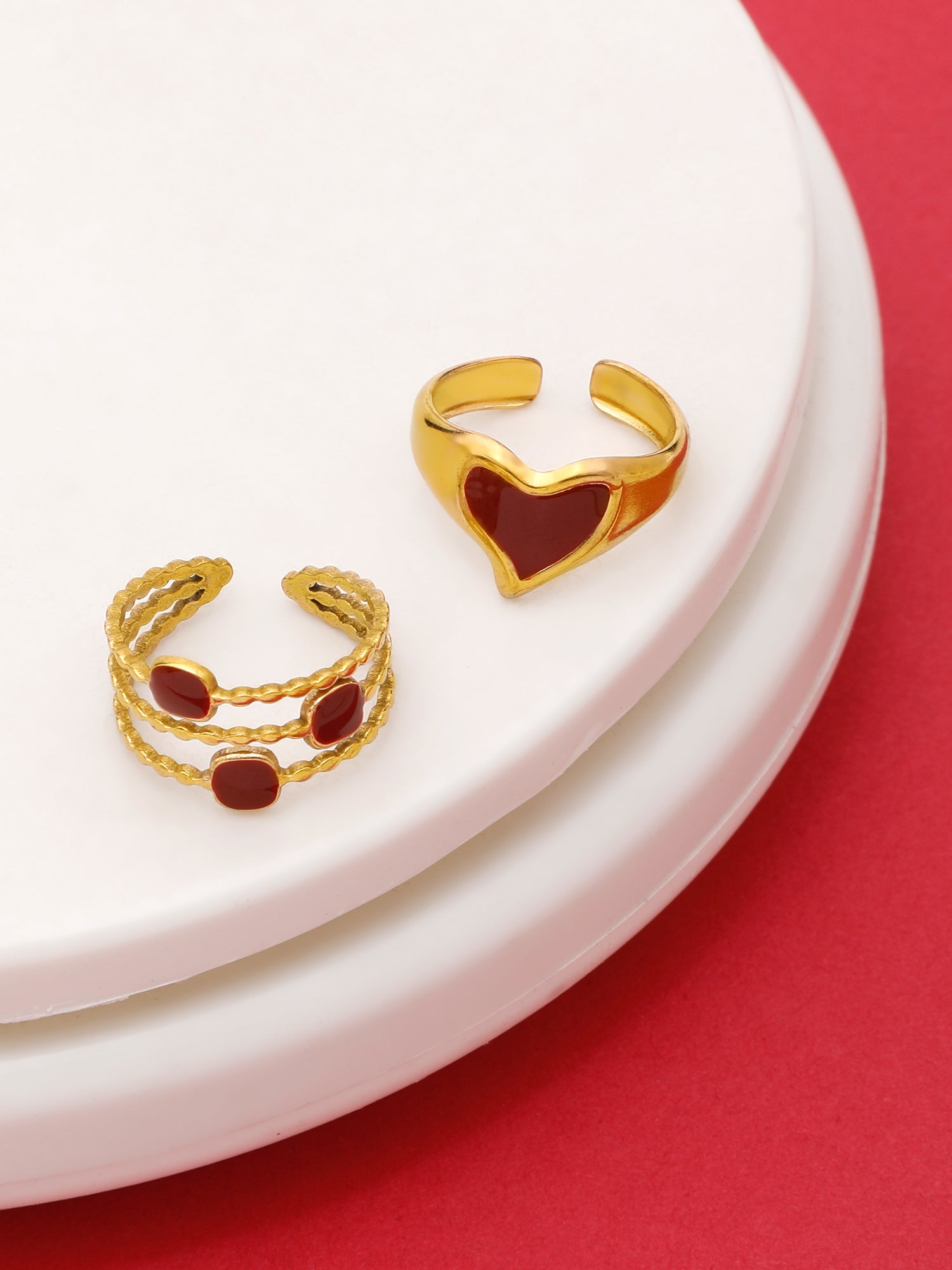 2 Pcs Adjustable Red Enamel Heart Ring Set