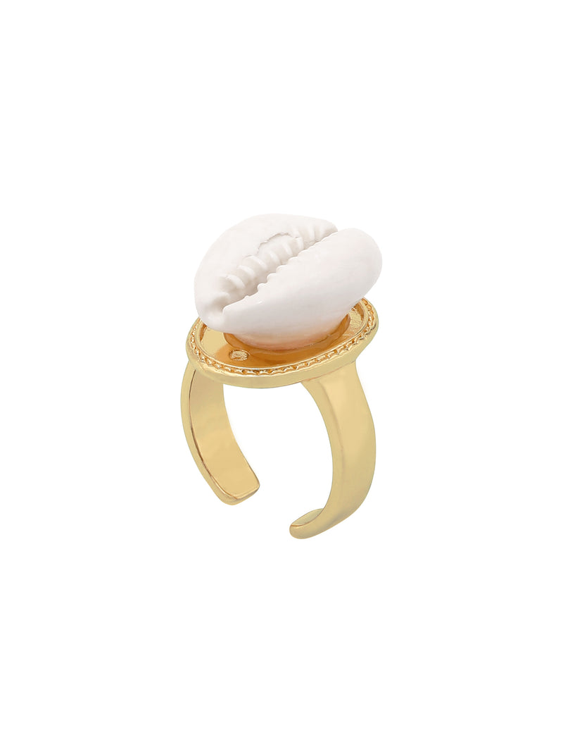 Big White Cowrie Shell Adjustable Gold Ring
