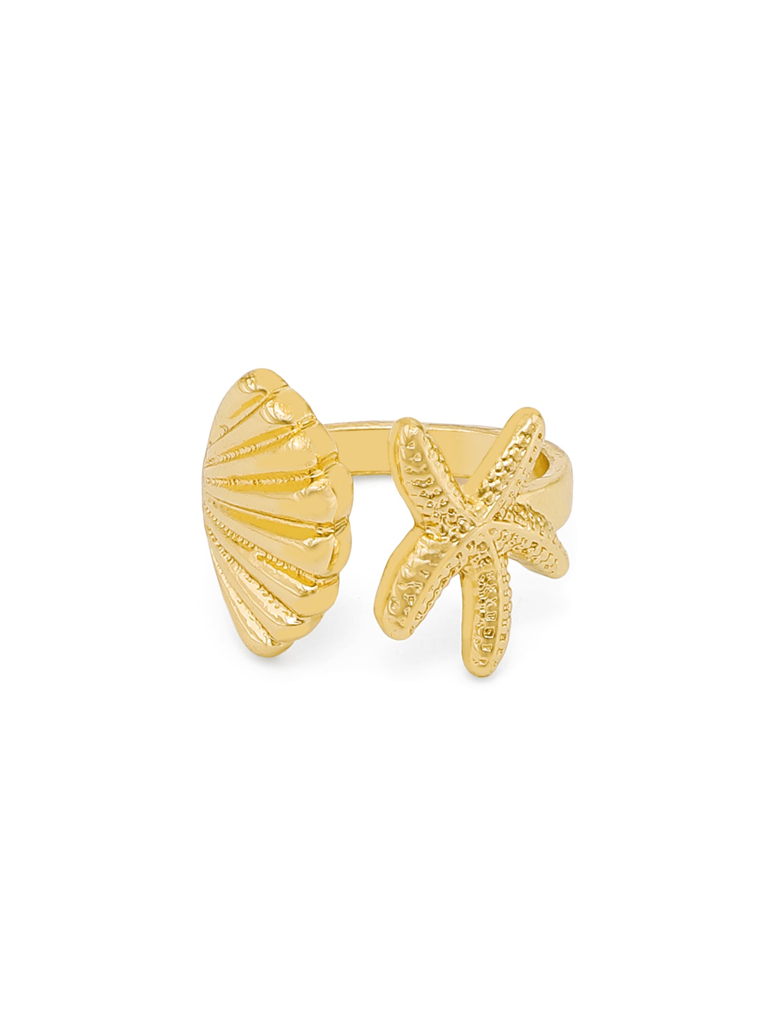 Gold Shell & Starfish Open Adjustable Ring