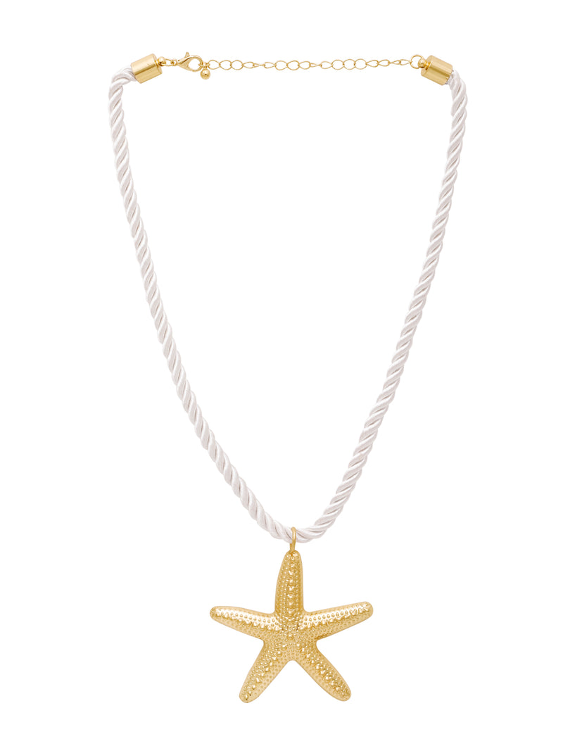 Gold Starfish Pendant with White Rope & Earrings – 2 Pc Set