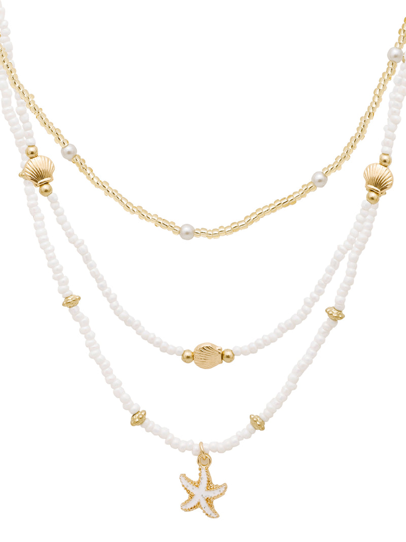 3 Pcs Rice Bead Starfish & Shell Layered Necklace Set