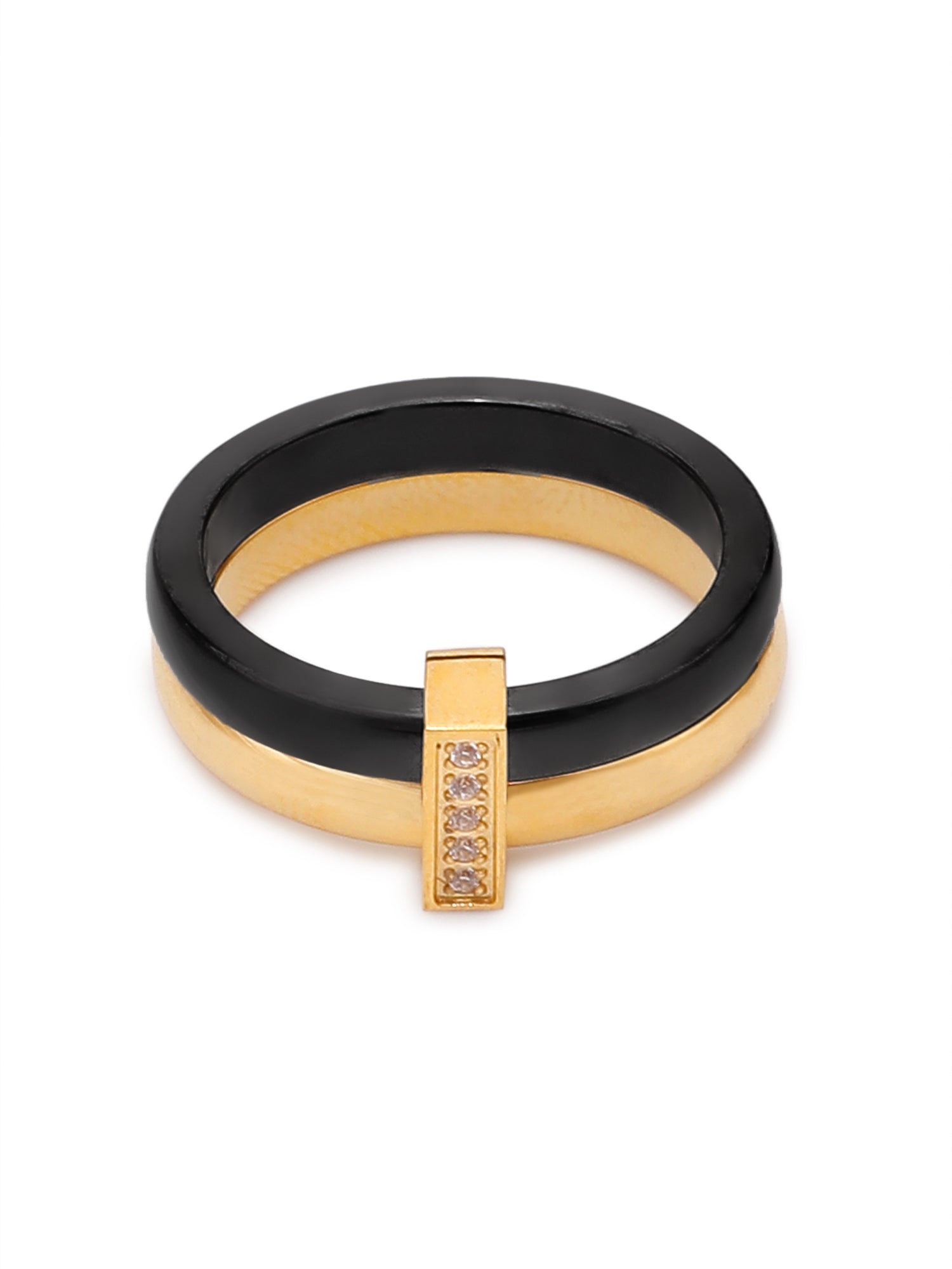 Enamel Black & Gold Double Layered Stackable Ring with Cubic Zirconia