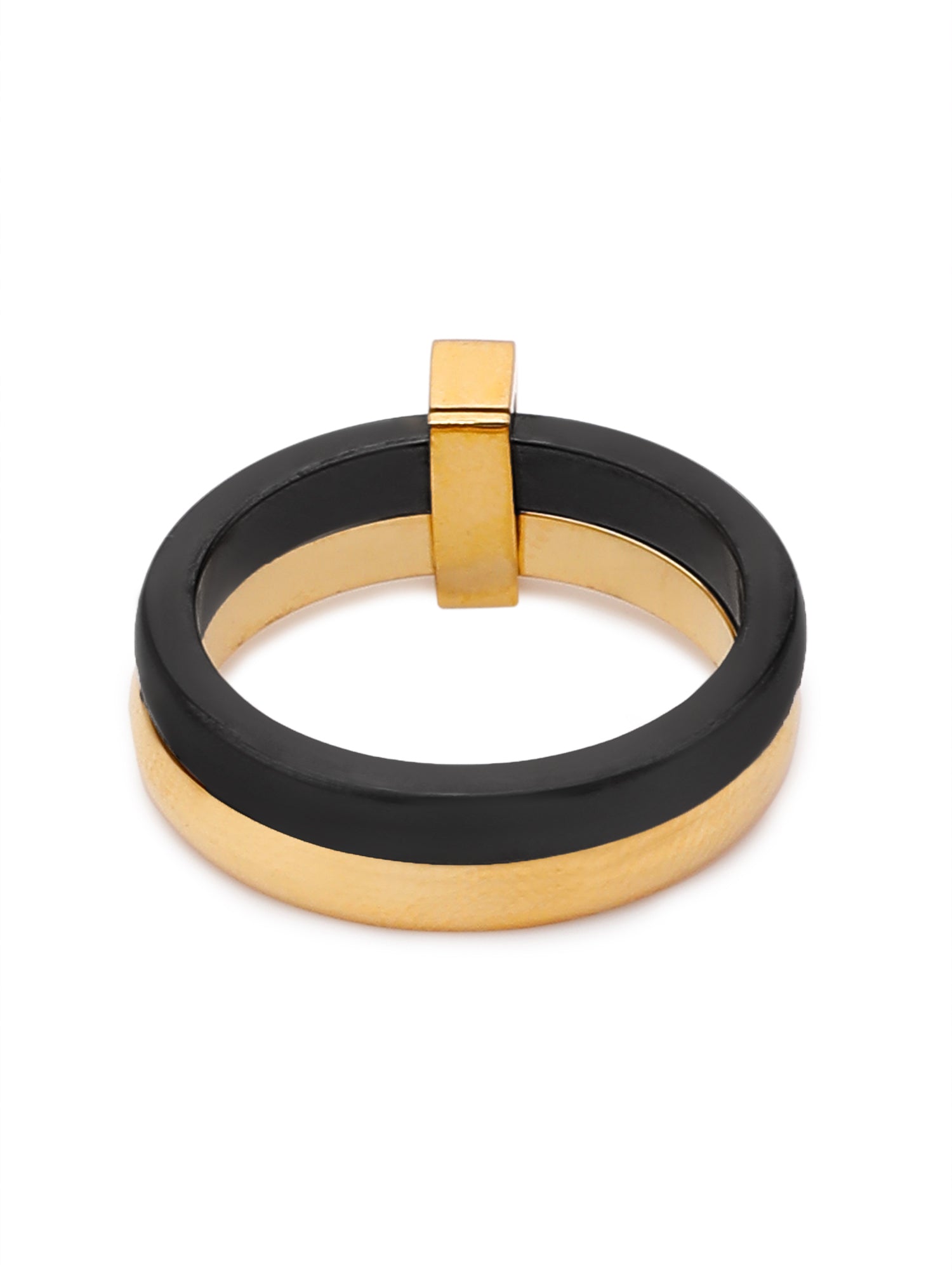 Enamel Black & Gold Double Layered Stackable Ring with Cubic Zirconia