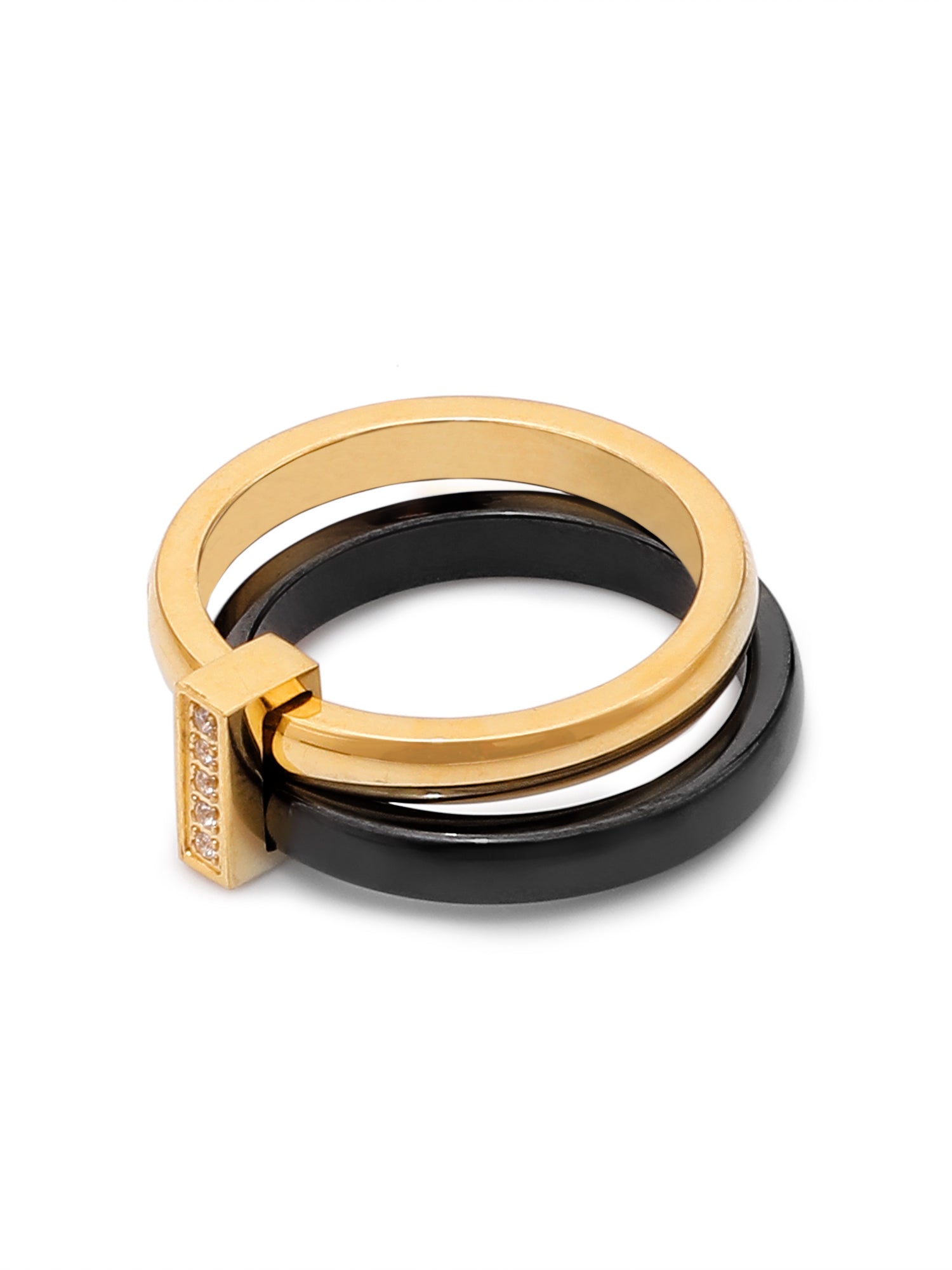 Enamel Black & Gold Double Layered Stackable Ring with Cubic Zirconia