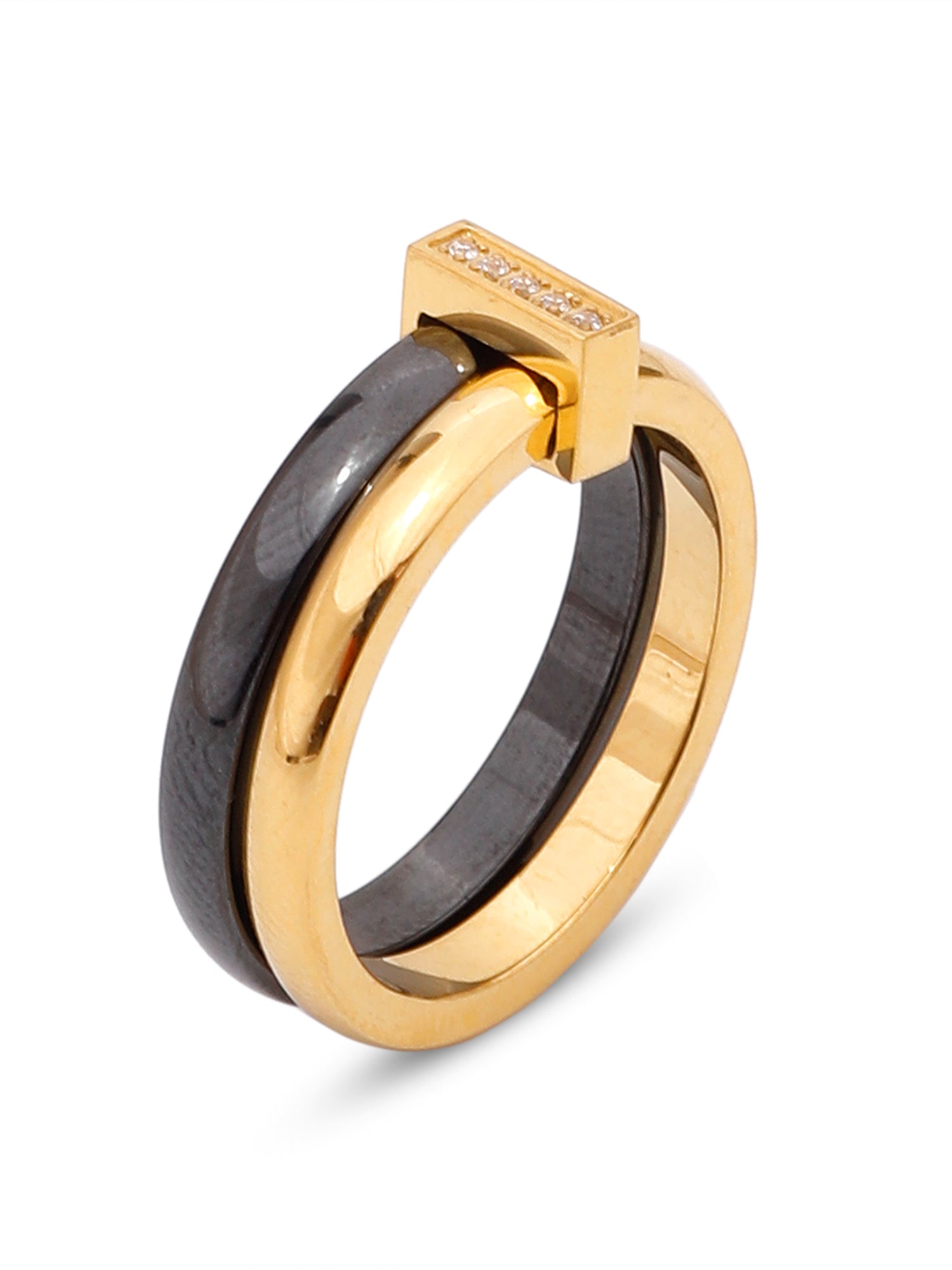 1pc 18K Gold Plated Ceramic Enamel Ring with Cubic Zirconia