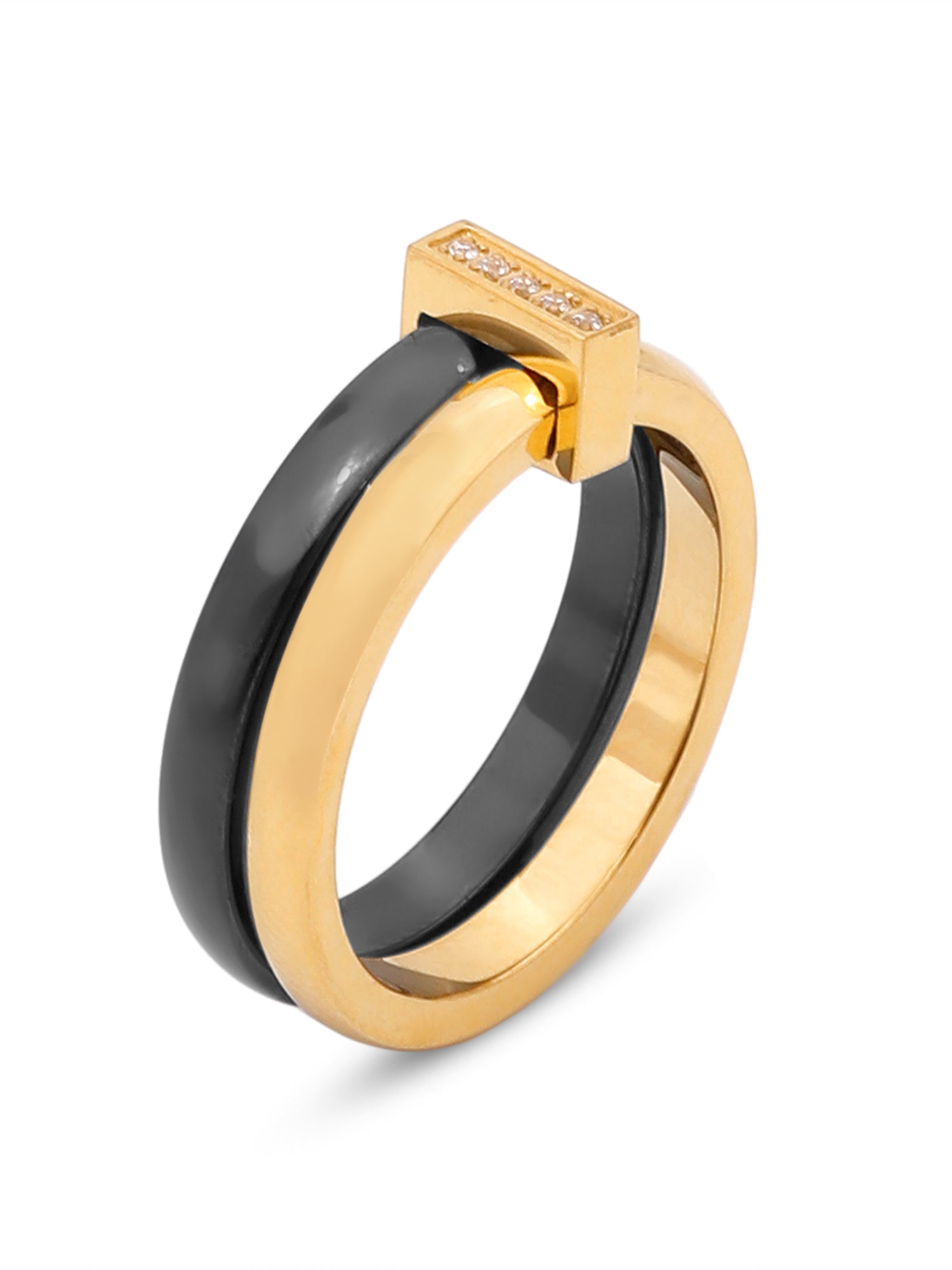 Enamel Black & Gold Double Layered Stackable Ring with Cubic Zirconia