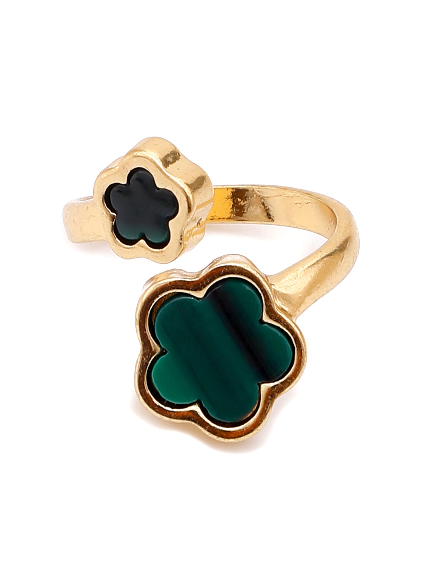 Midnight Bloom: Adjustable Black Enamel Flower Ring in 18K Gold Plating