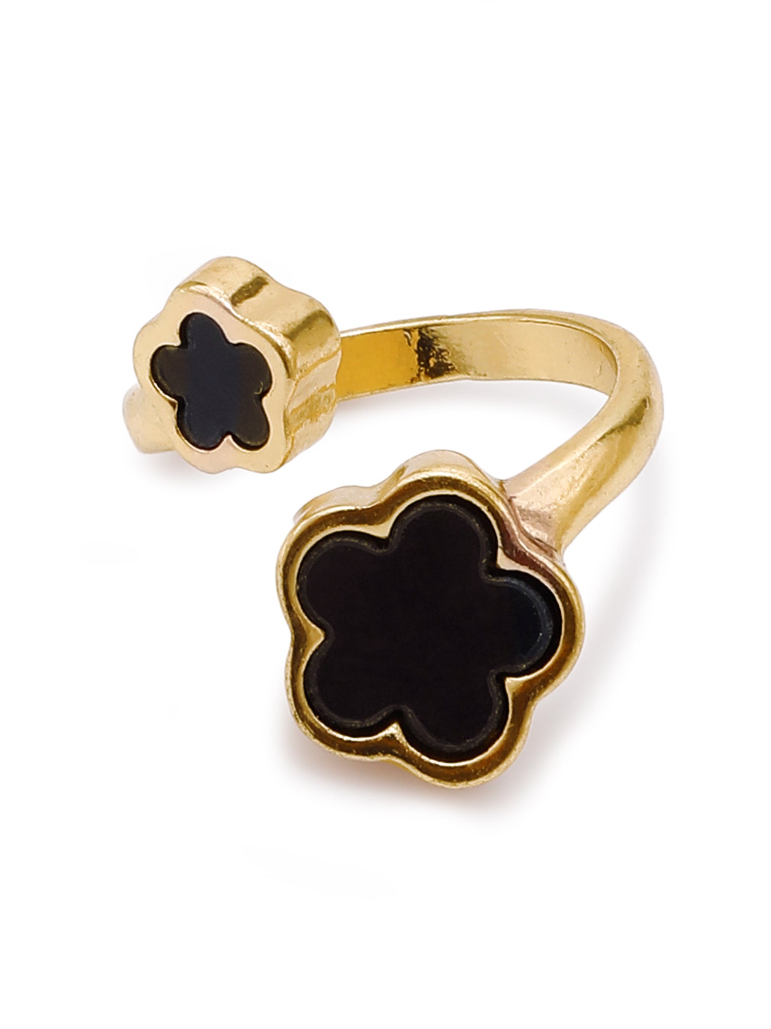 Midnight Bloom: Adjustable Black Enamel Flower Ring in 18K Gold Plating
