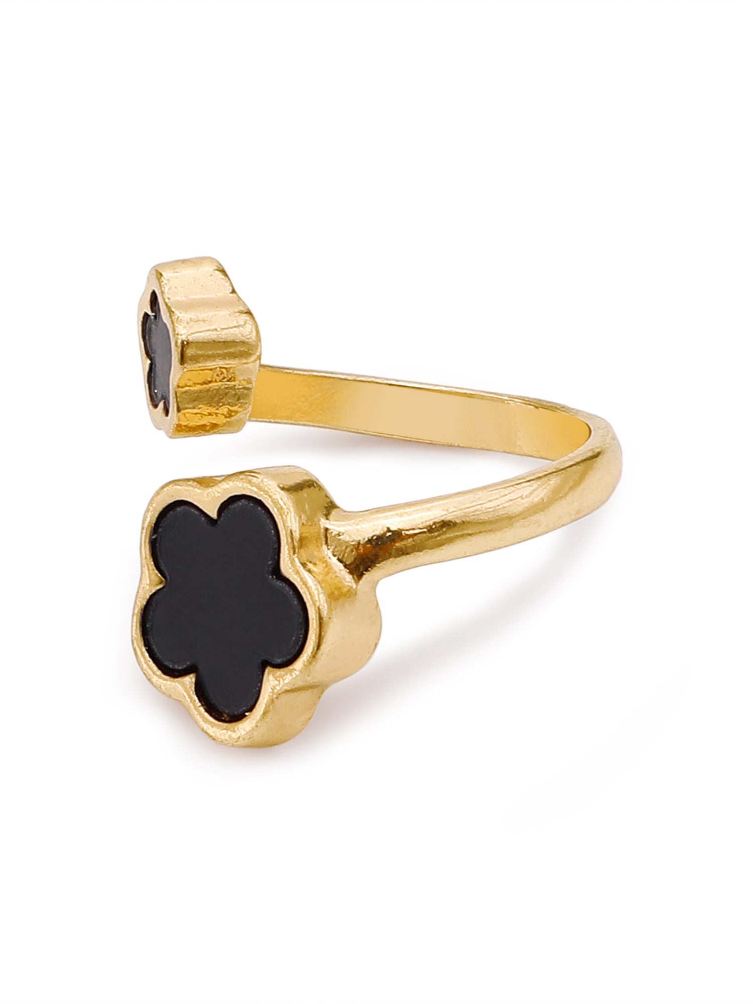 Midnight Bloom: Adjustable Black Enamel Flower Ring in 18K Gold Plating