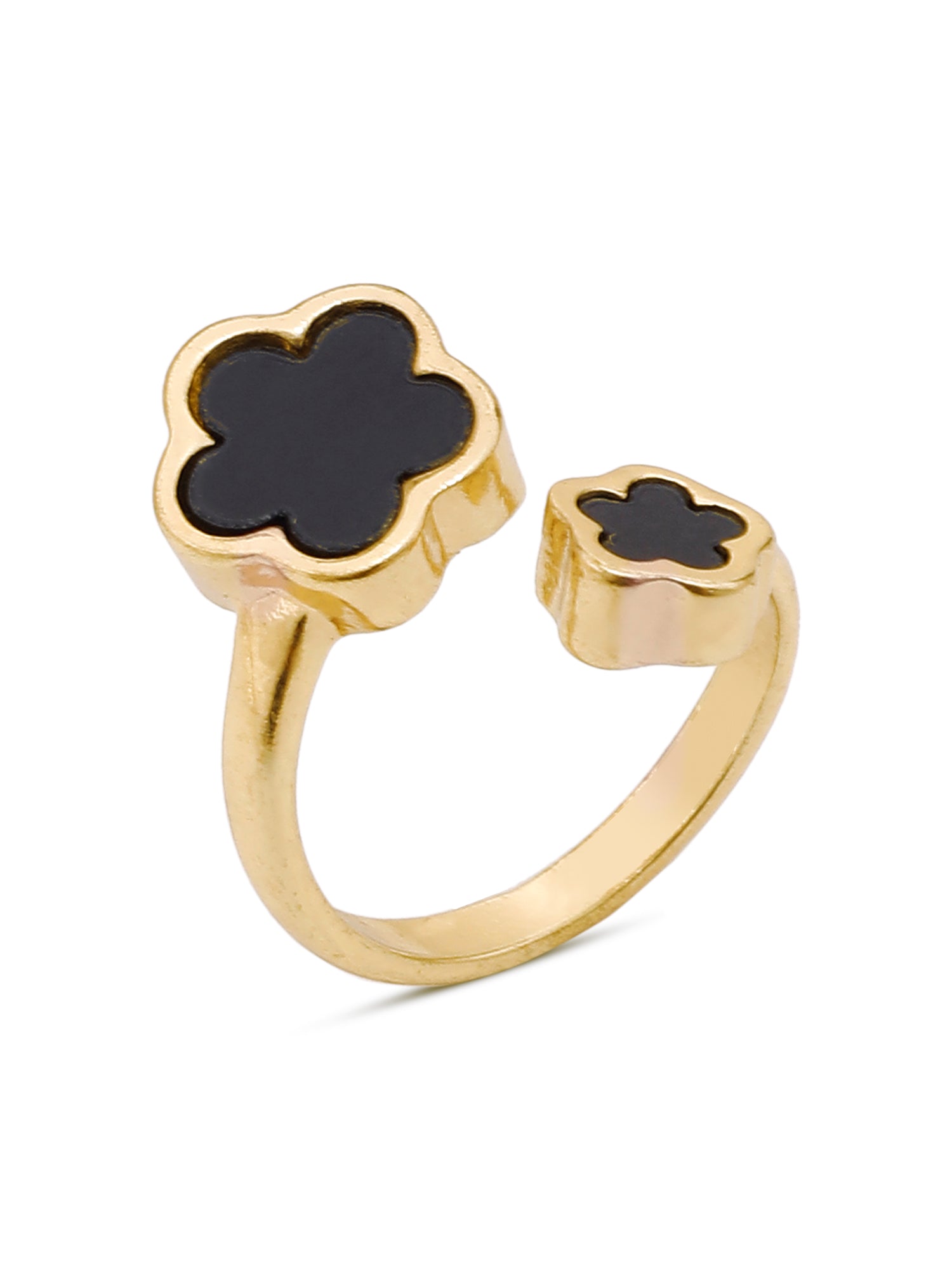 Midnight Bloom: Adjustable Black Enamel Flower Ring in 18K Gold Plating