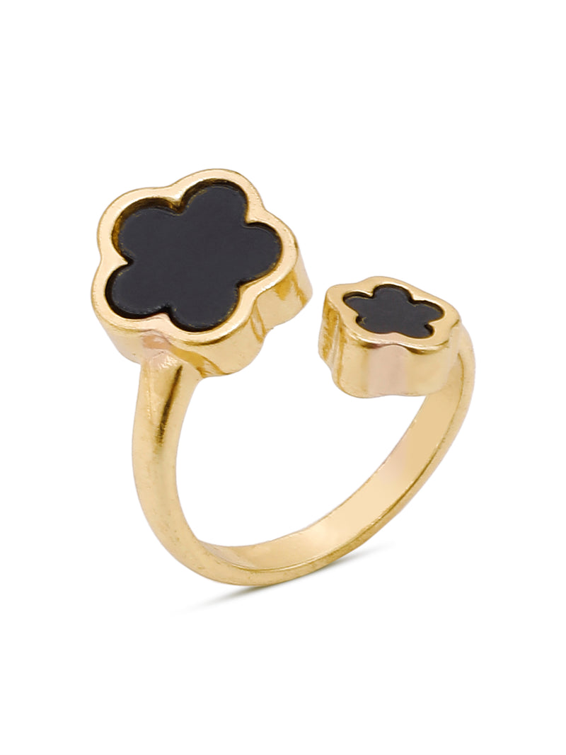 5 Leaf Clover Adjustable Ring – Black Enamel Statement Jewellery