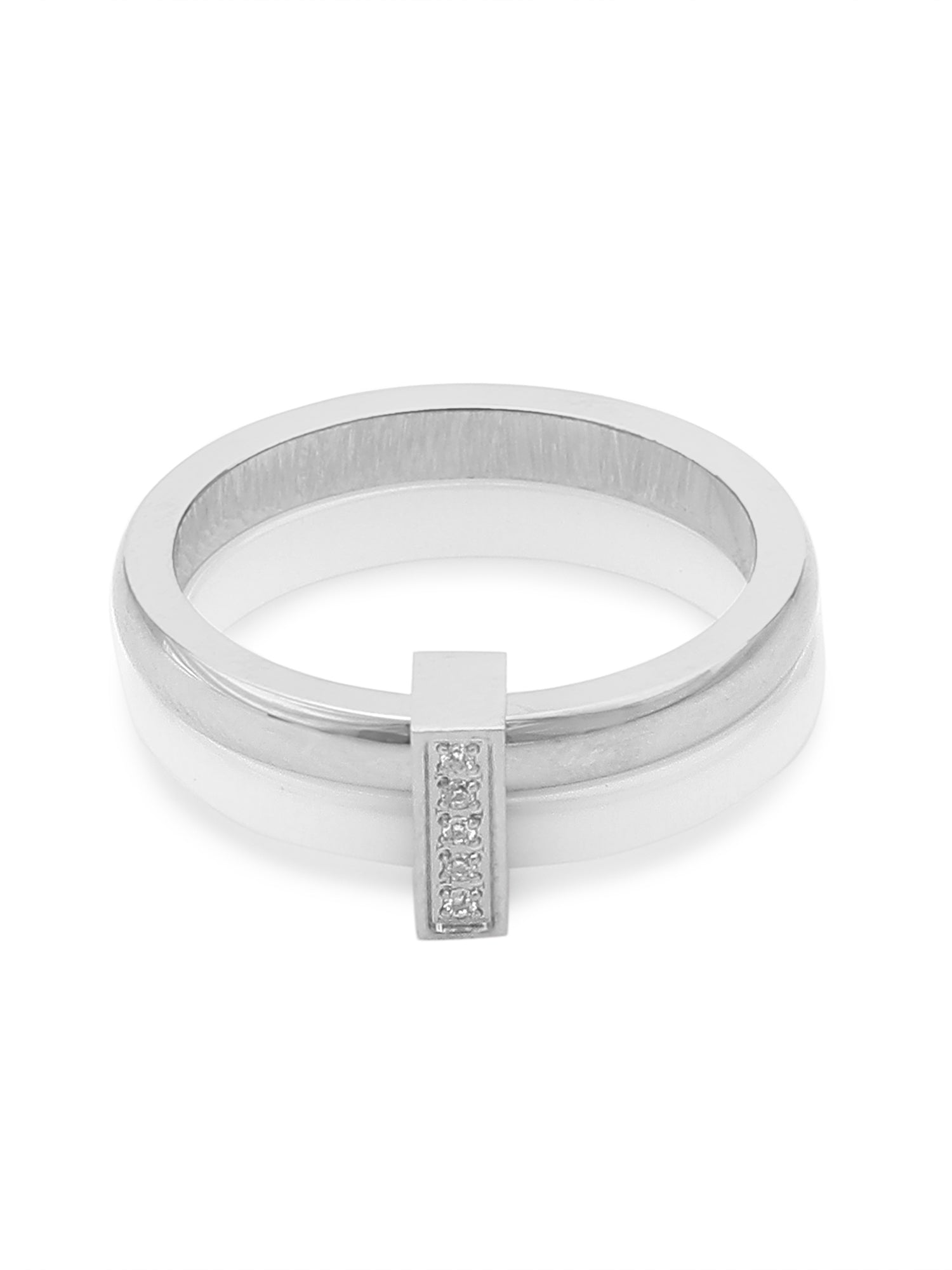 Enamel White & Silver Double Layered Stackable Ring with Cubic Zirconia