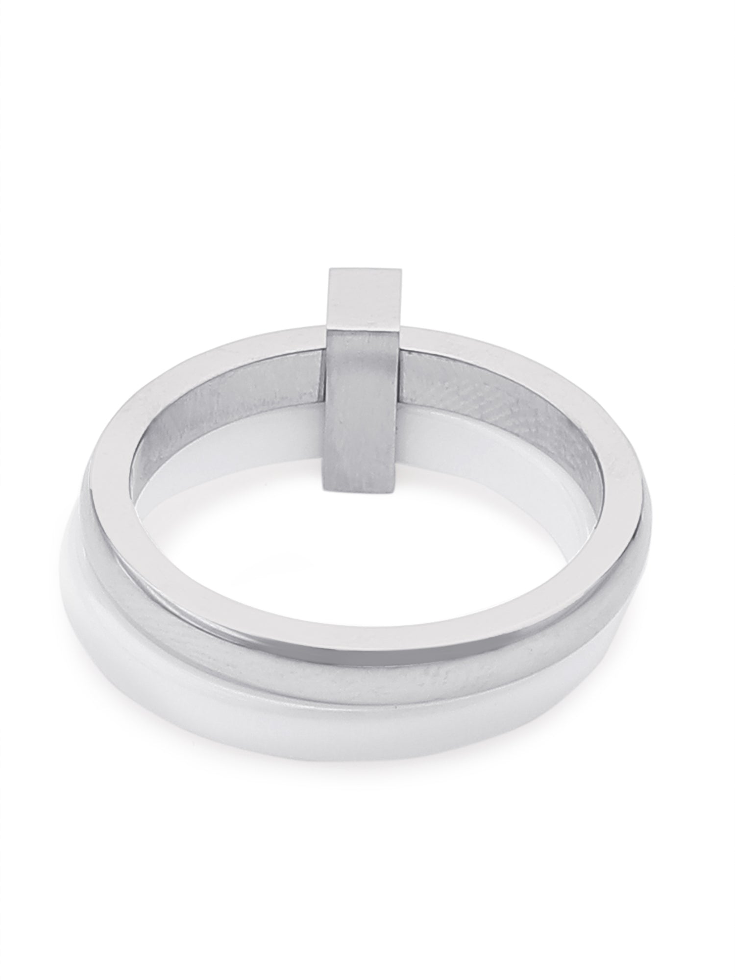 Enamel White & Silver Double Layered Stackable Ring with Cubic Zirconia
