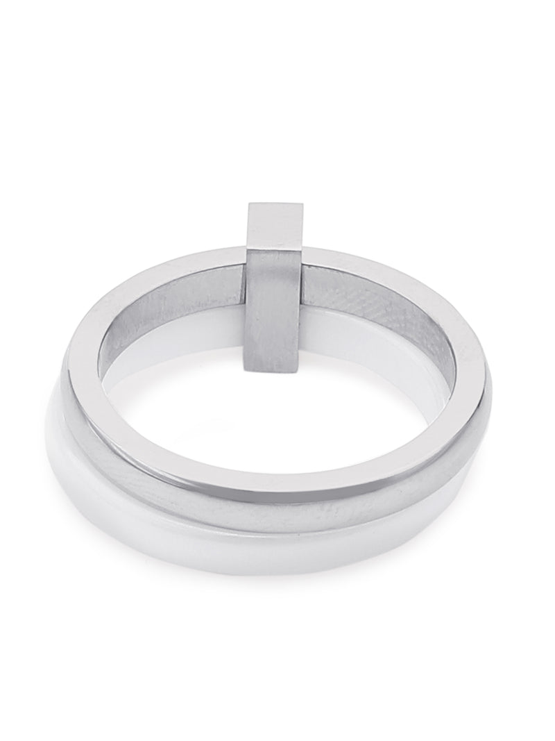 Enamel White & Silver Double Layered Stackable Ring with Cubic Zirconia