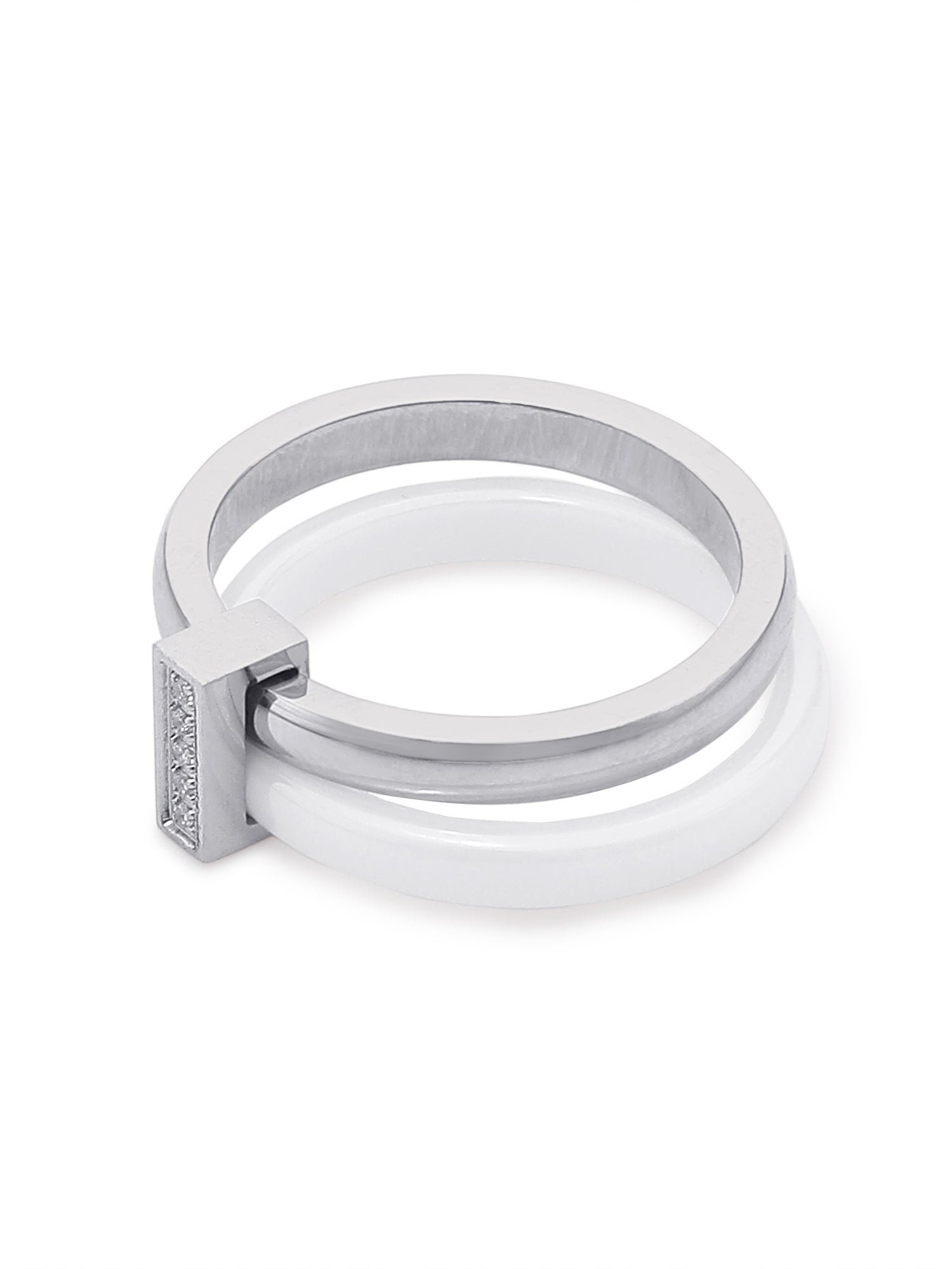 Enamel White & Silver Double Layered Stackable Ring with Cubic Zirconia